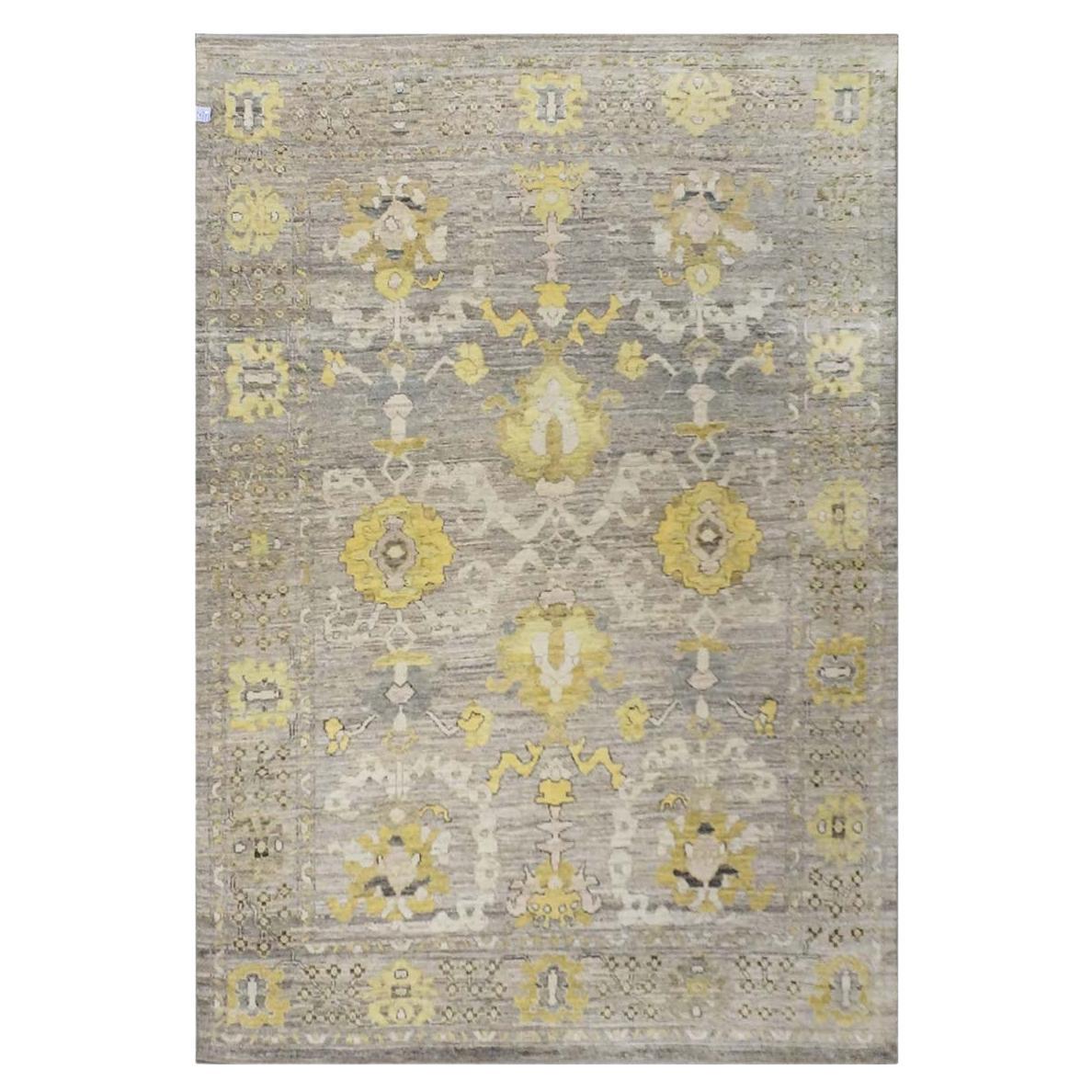 21e siècle Tapis de course turc Oushak 9X13 or, ivoire et gris fait à la main