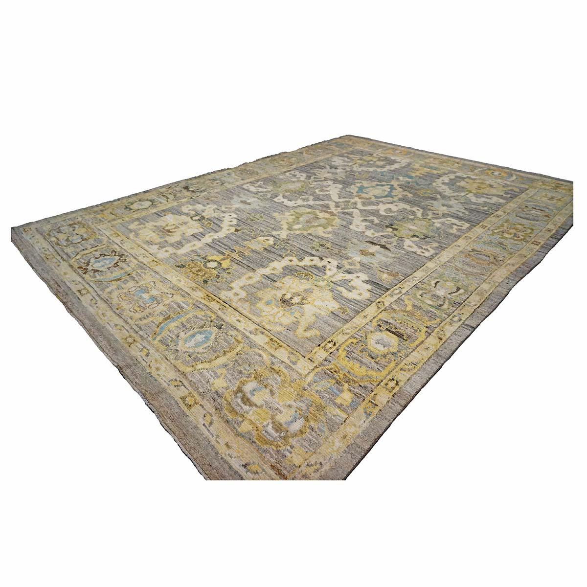 Tappeto Oushak turco del 21° secolo 9X13 Oro, Avorio e Blu Ardesia fatto a mano In condizioni ottime in vendita a Houston, TX