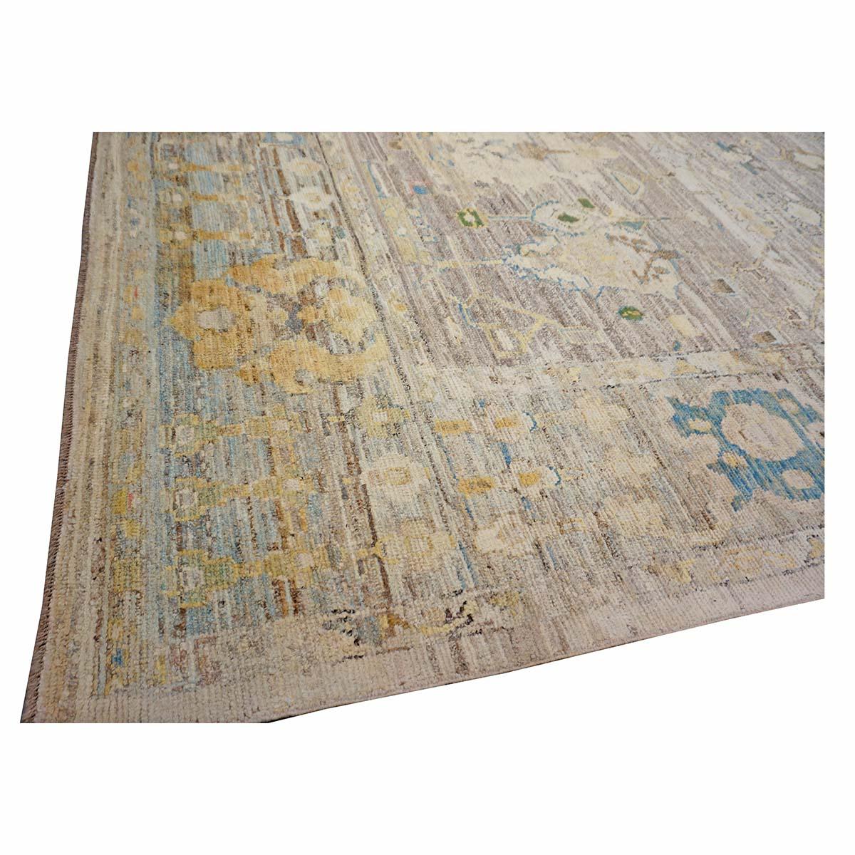 21st Century Turkish Oushak 9X13 Gold, Elfenbein & Schiefer Blau Handmade Läufer Teppich im Zustand „Hervorragend“ im Angebot in Houston, TX