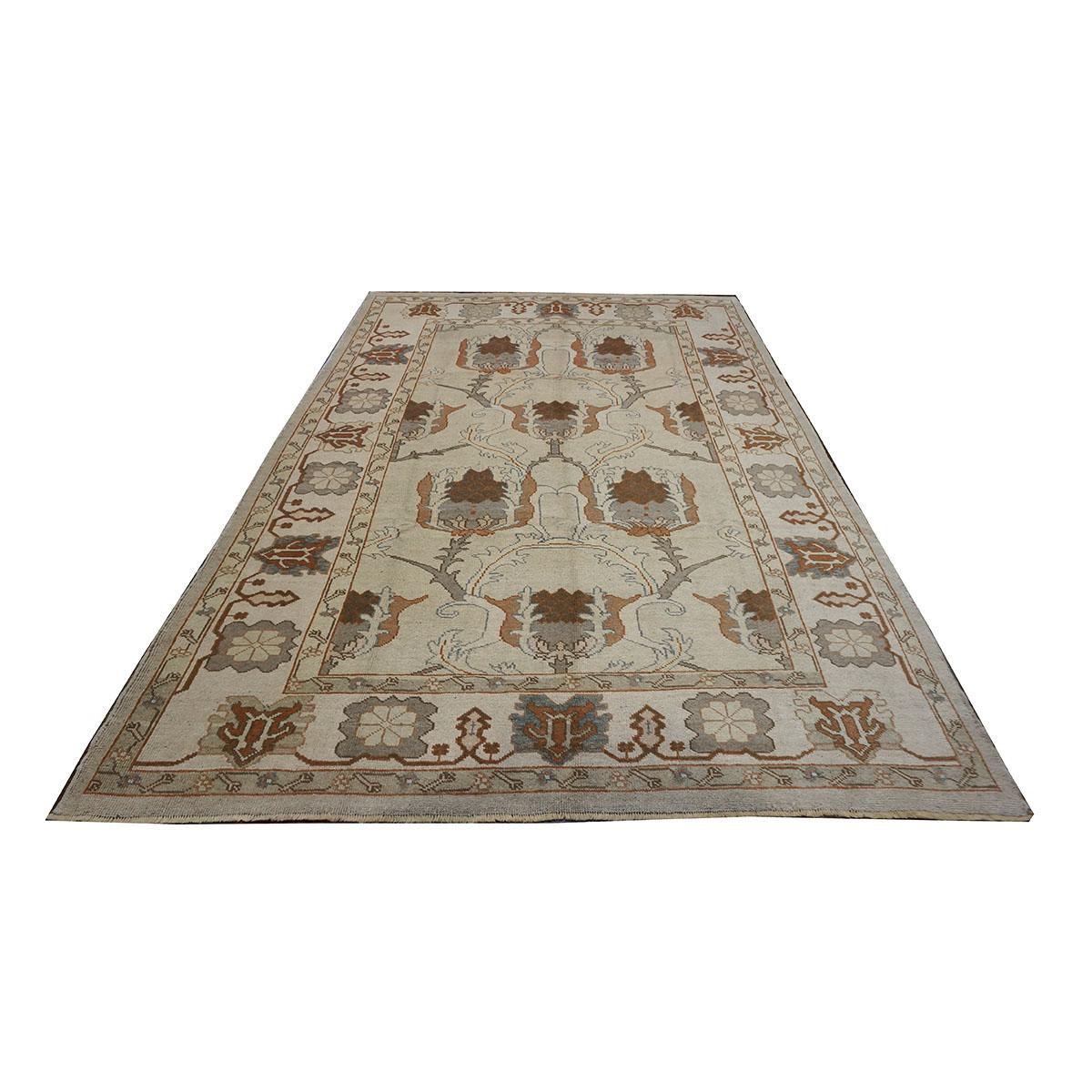 Tissé à la main 21e siècle Tapis de course turc Oushak 9x13 gris, ivoire et marron fait à la main en vente