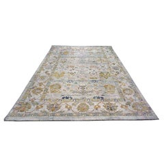 21st Century Turkish Oushak Wool 9X13 Ivory, Teal & Gold Handmade Area Rug