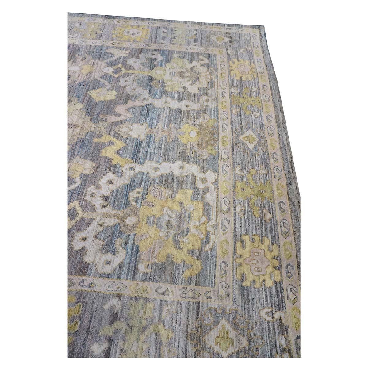 Wool 21st Century Turkish Oushak 9x14 Slate Blue, Olive Green, & Ivory Handmade Rug For Sale