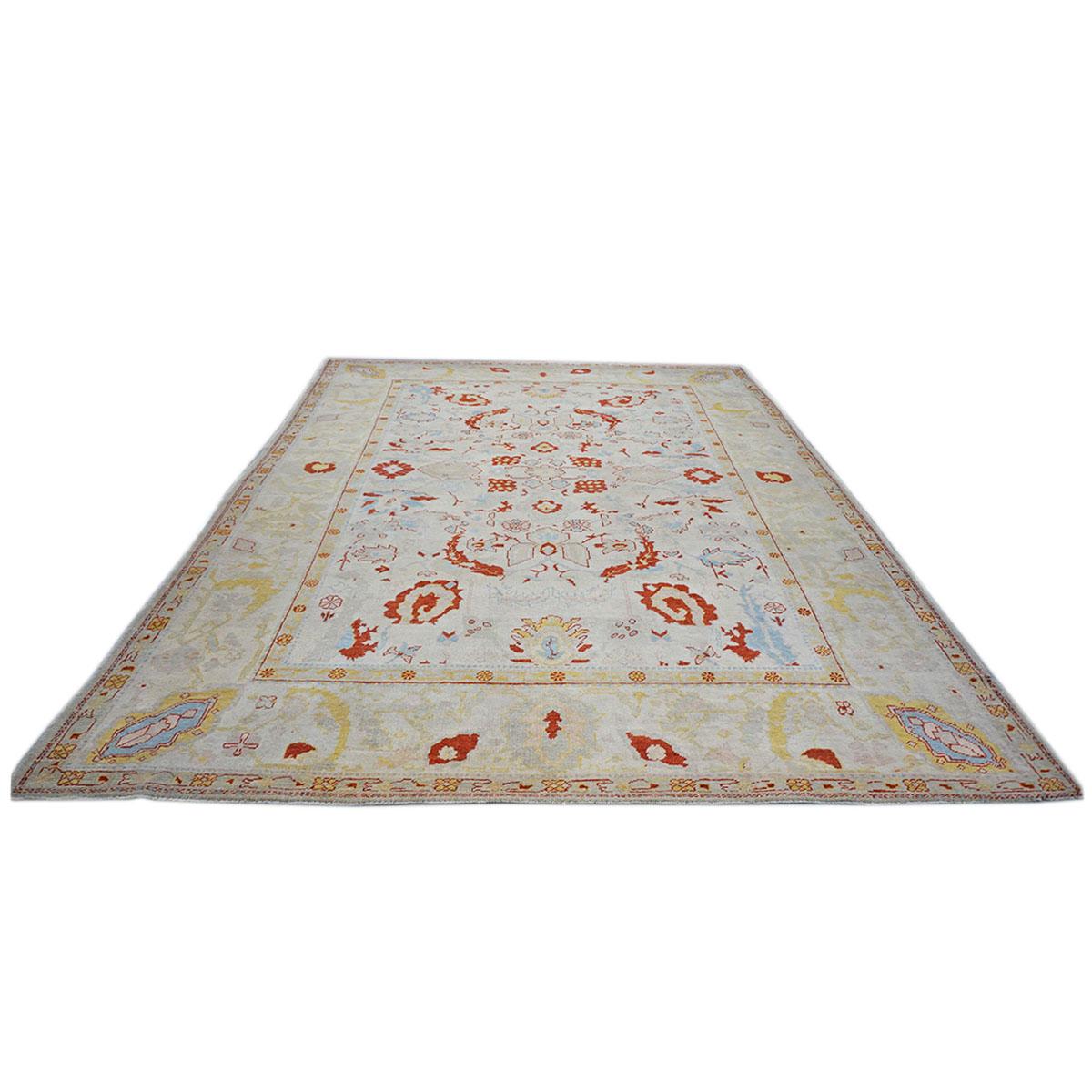 Hand-Woven 21st Century Turkish Oushak 9x12 Ivory, Rust & Light Blue Wool Area Rug For Sale