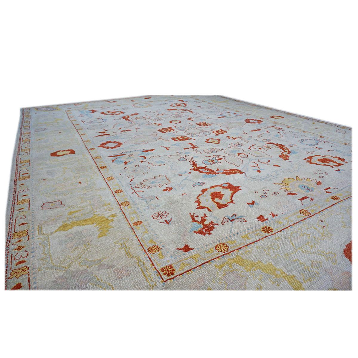 21st Century Turkish Oushak 9x12 Ivory, Rust & Light Blue Wool Area Rug In Excellent Condition For Sale In Houston, TX