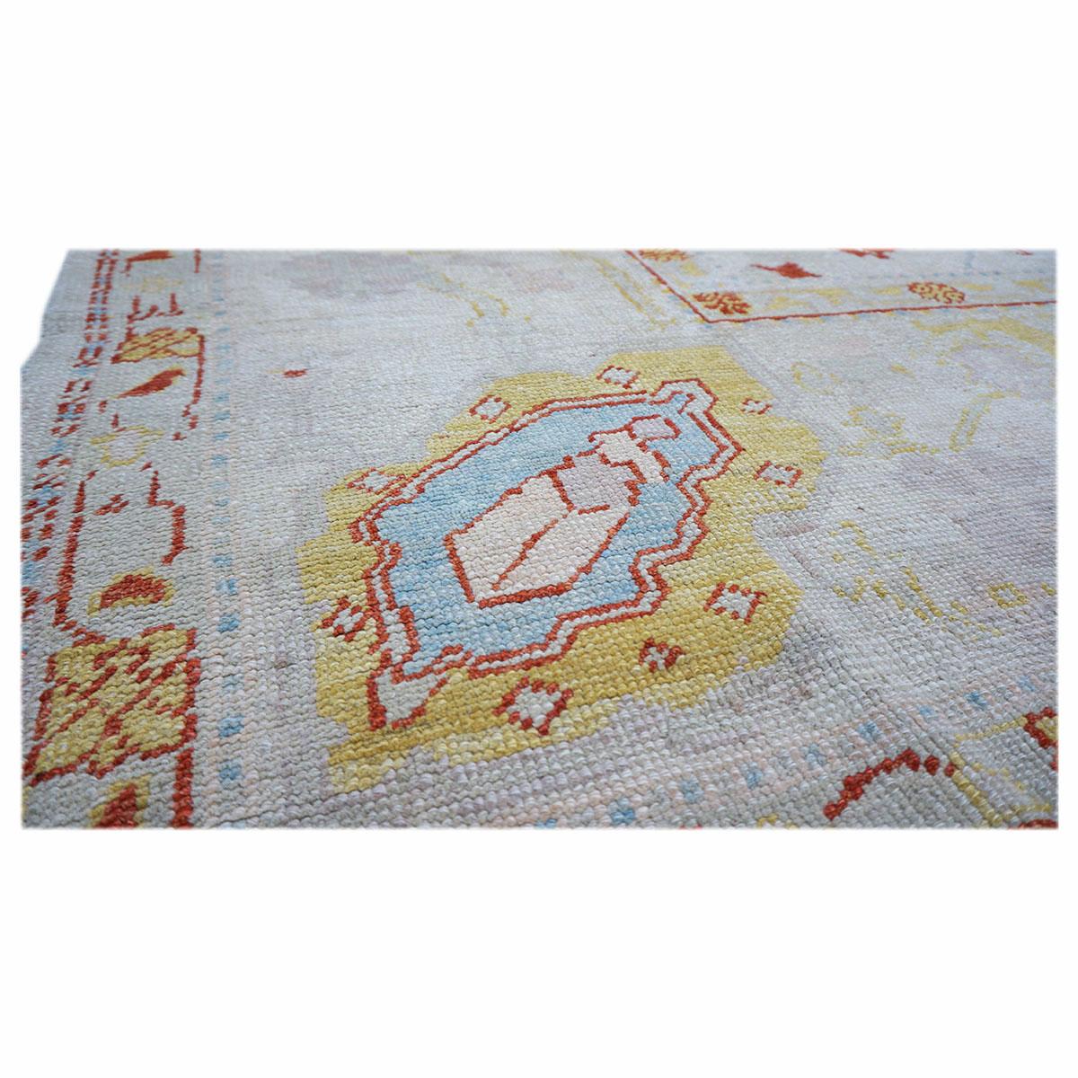 Contemporary 21st Century Turkish Oushak 9x12 Ivory, Rust & Light Blue Wool Area Rug For Sale