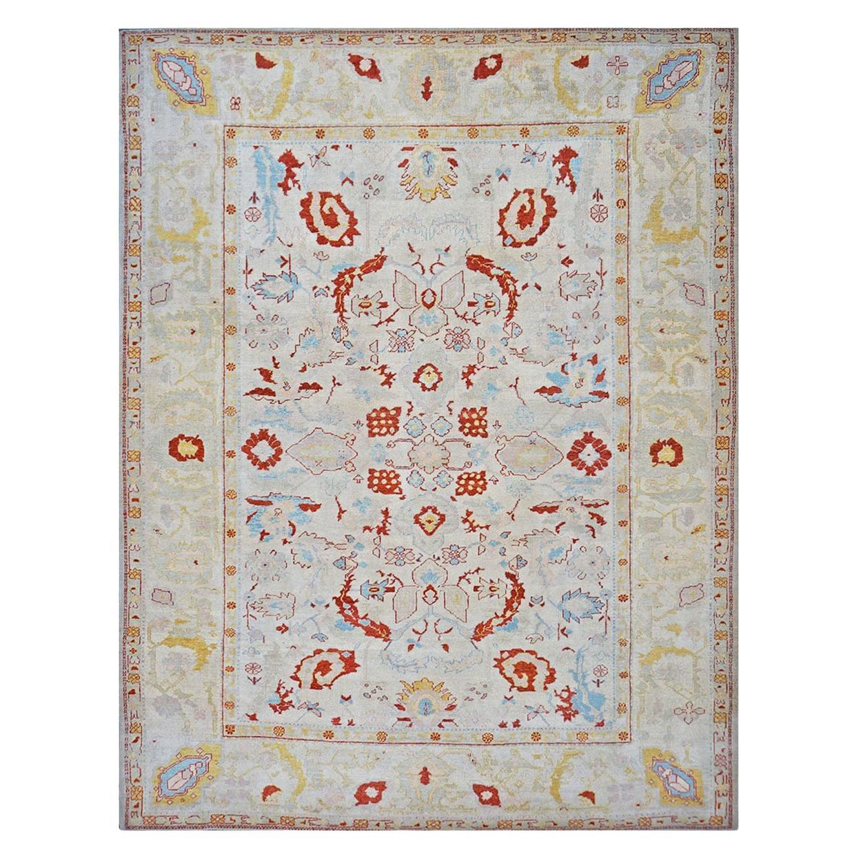 21st Century Turkish Oushak 9x12 Ivory, Rust & Light Blue Wool Area Rug For Sale