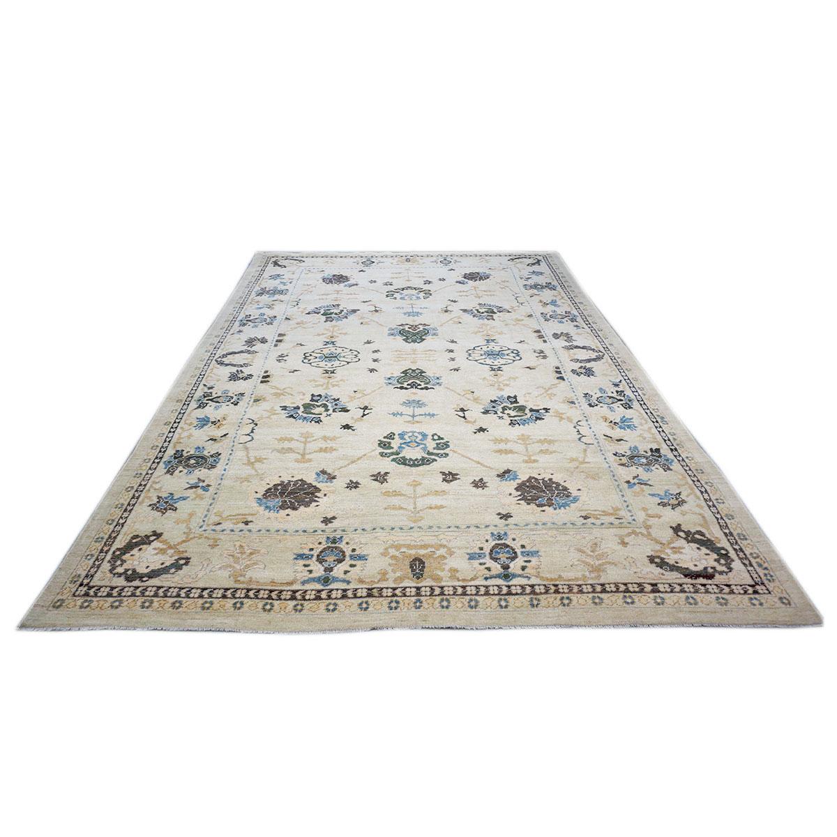21st Century Turkish Oushak 9x12 Ivory & Blue Handmade Room Sized Area Rug In Excellent Condition For Sale In Houston, TX