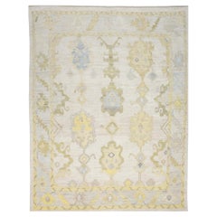 21st Century Turkish Oushak Wool 10x13 Ivory, Blue, & Yellow Handmade Area Rug