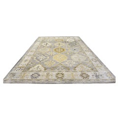 21st Century Turkish Oushak Wool 11x15 Grey, Ivory, Olive & Yellow Handmade Area