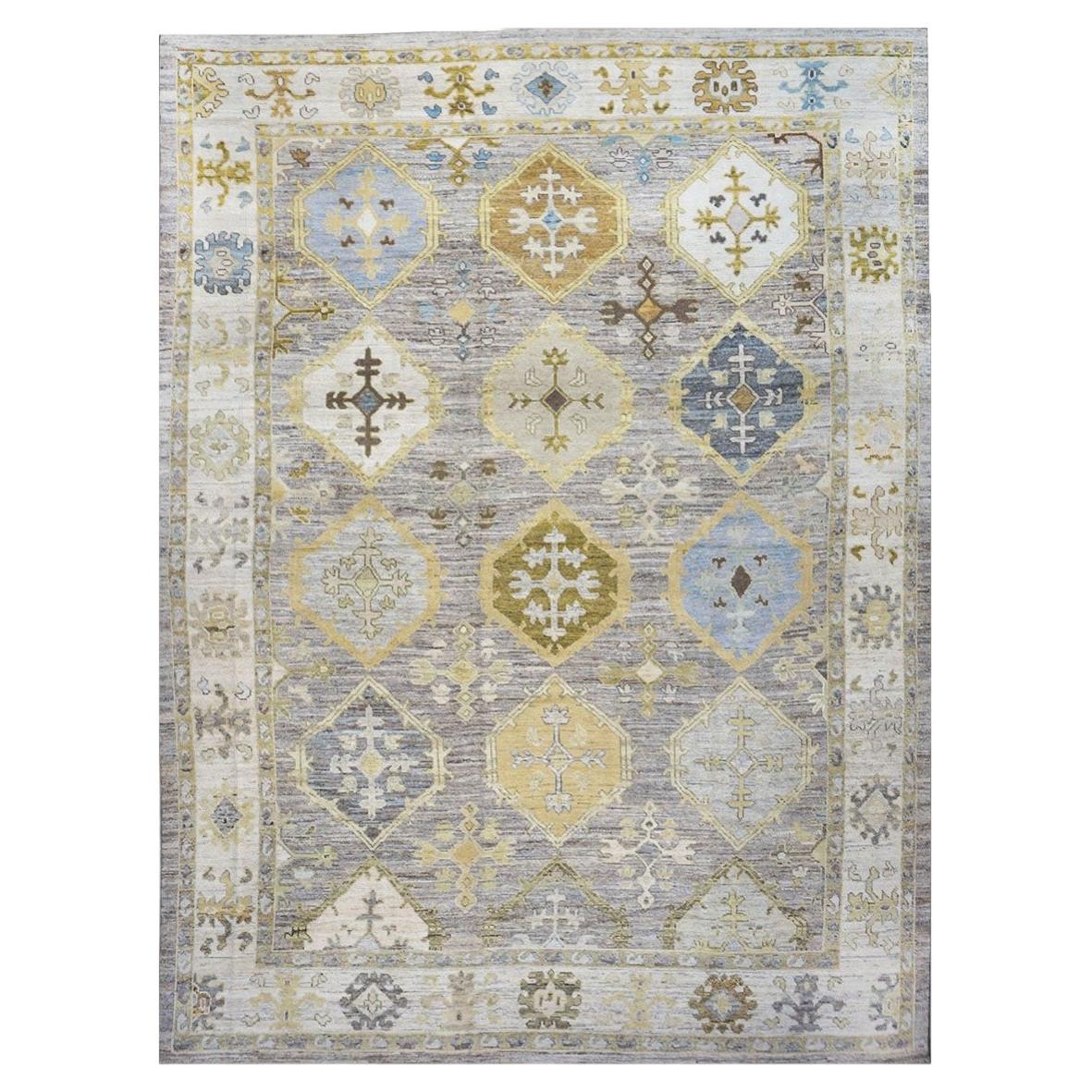 21st Century Turkish Oushak Wool 11x15 Grey, Ivory, Olive & Yellow Handmade Area For Sale