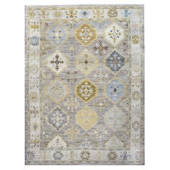 21st Century Turkish Oushak Wool 11x15 Grey, Ivory, Olive & Yellow Handmade Area
