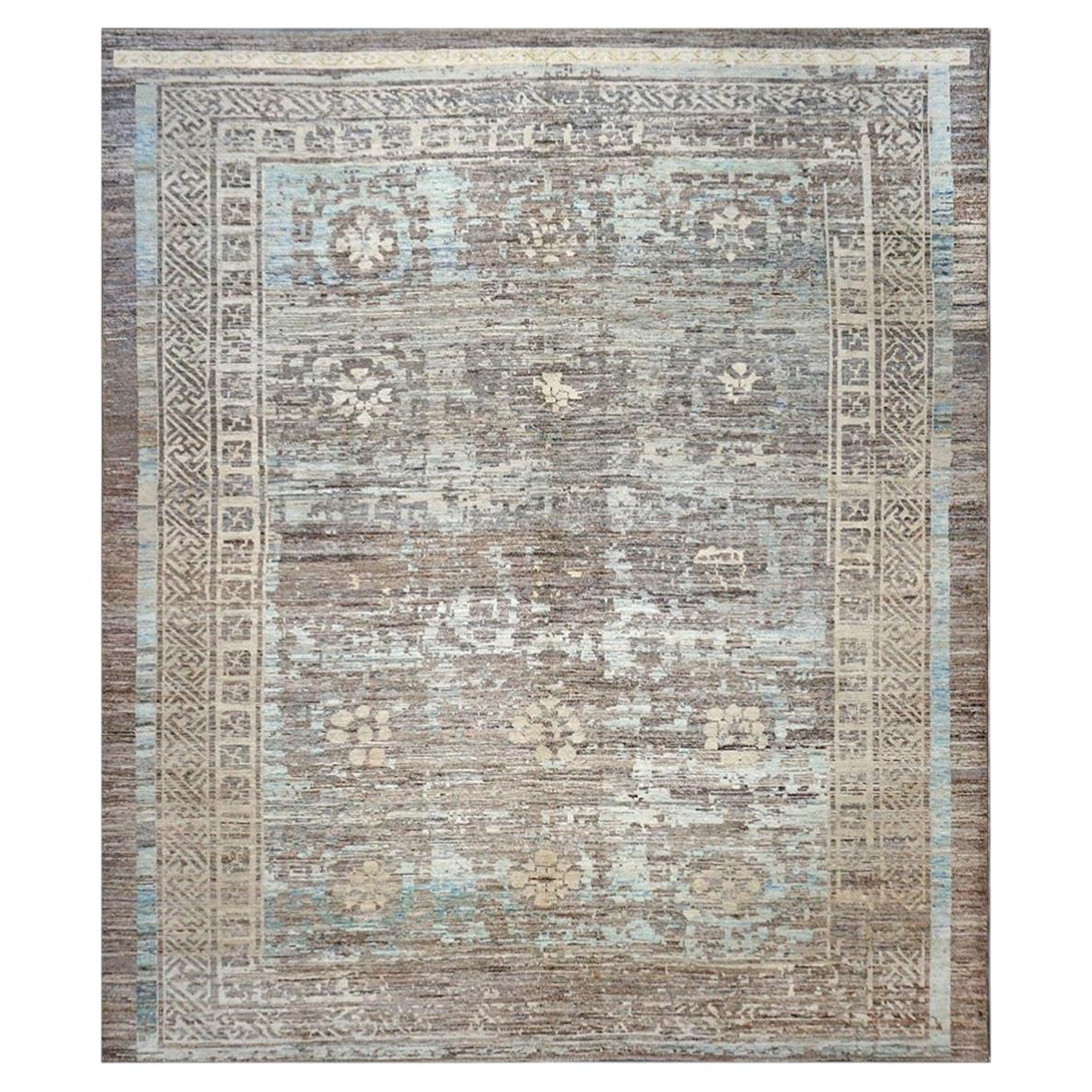 21e siècle Tapis turc en laine Oushak 12x14 gris et bleu clair fait à la main