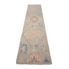 Tappeto Oushak turco del 21° secolo 3X12 blu ardesia, avorio e arancione fatto a mano