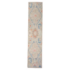 Tappeto Oushak turco del 21° secolo 3X12 blu ardesia, avorio e arancione fatto a mano