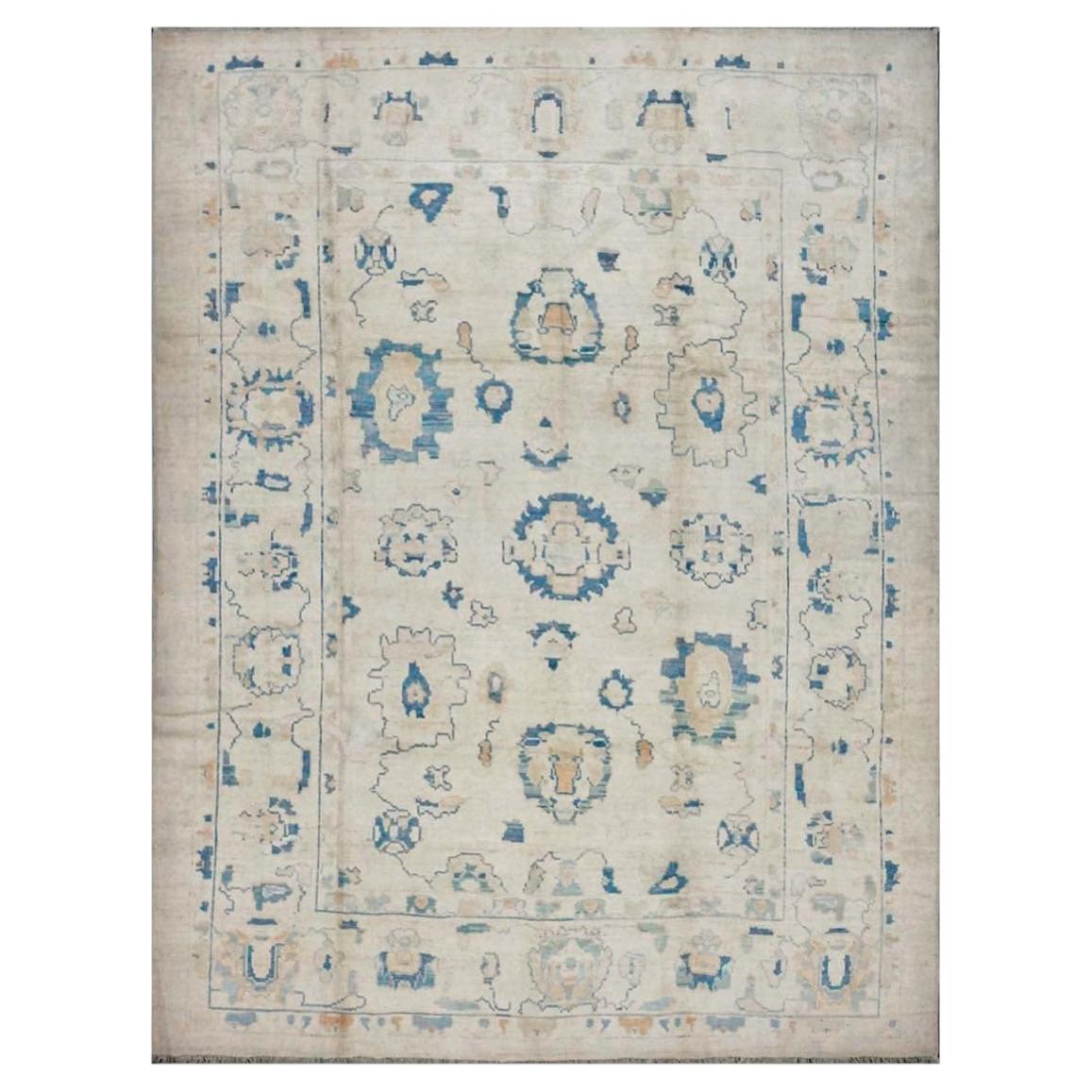 21st Century Turkish Oushak Wool 8x11 Ivory & Slate Blue Handmade Area Rug