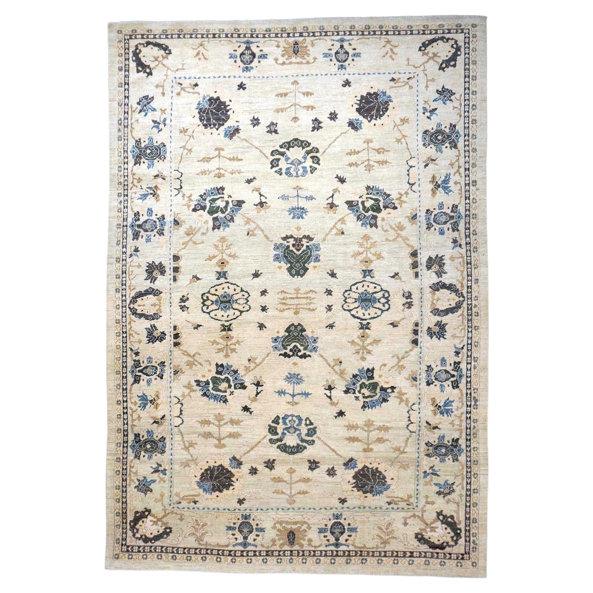 21st Century Turkish Oushak Wool 9x13 Ivory, Olive & Blue Handmade Area Rug