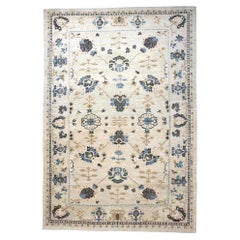21st Century Turkish Oushak Wool 9x13 Ivory, Olive & Blue Handmade Area Rug