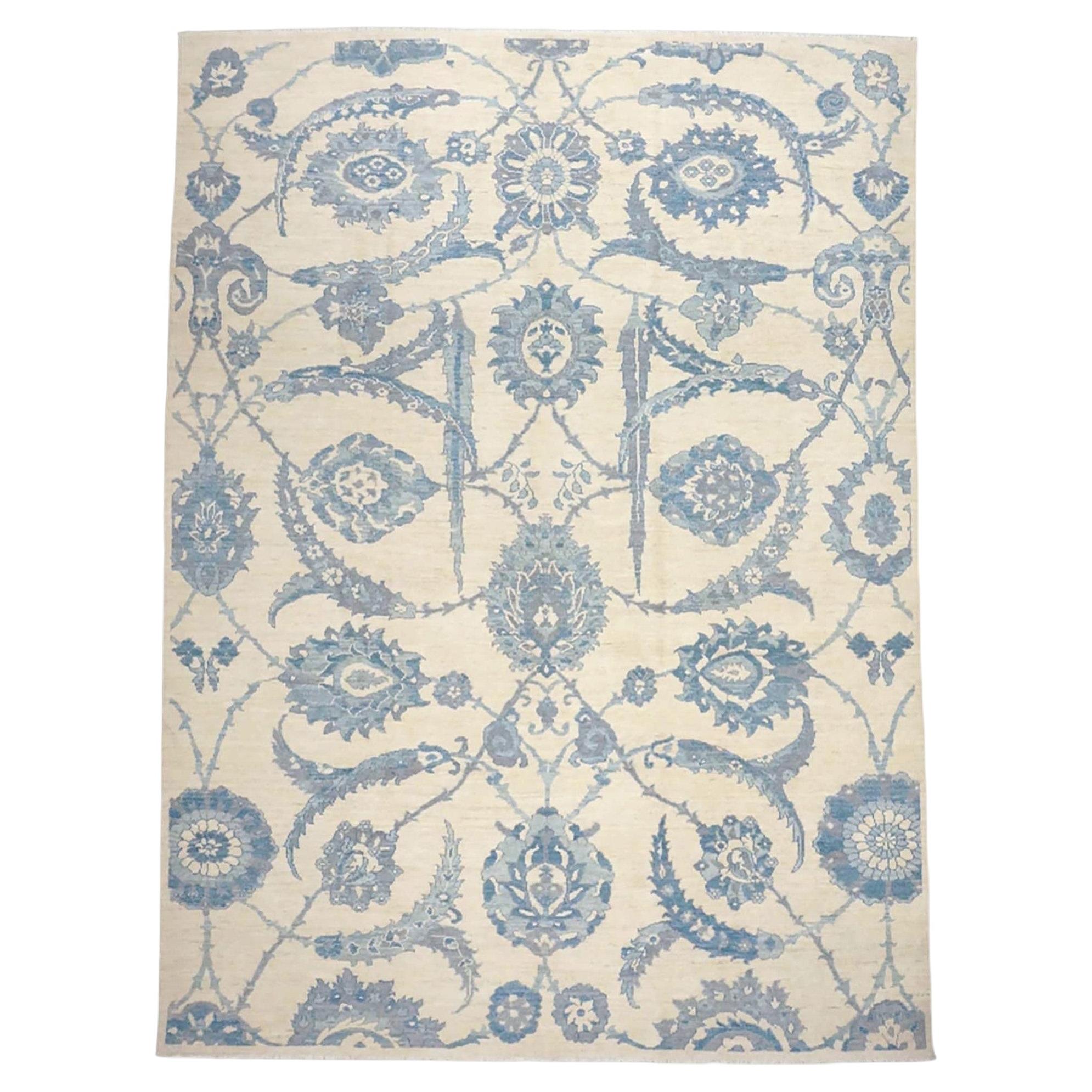 21st Century Turkish Oushak Wool 9x13 Ivory & Slate Blue Handmade Area Rug