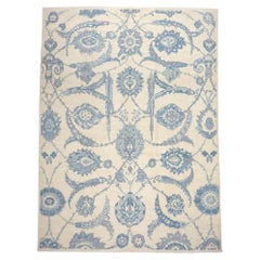 21st Century Turkish Oushak Wool 9x13 Ivory & Slate Blue Handmade Area Rug