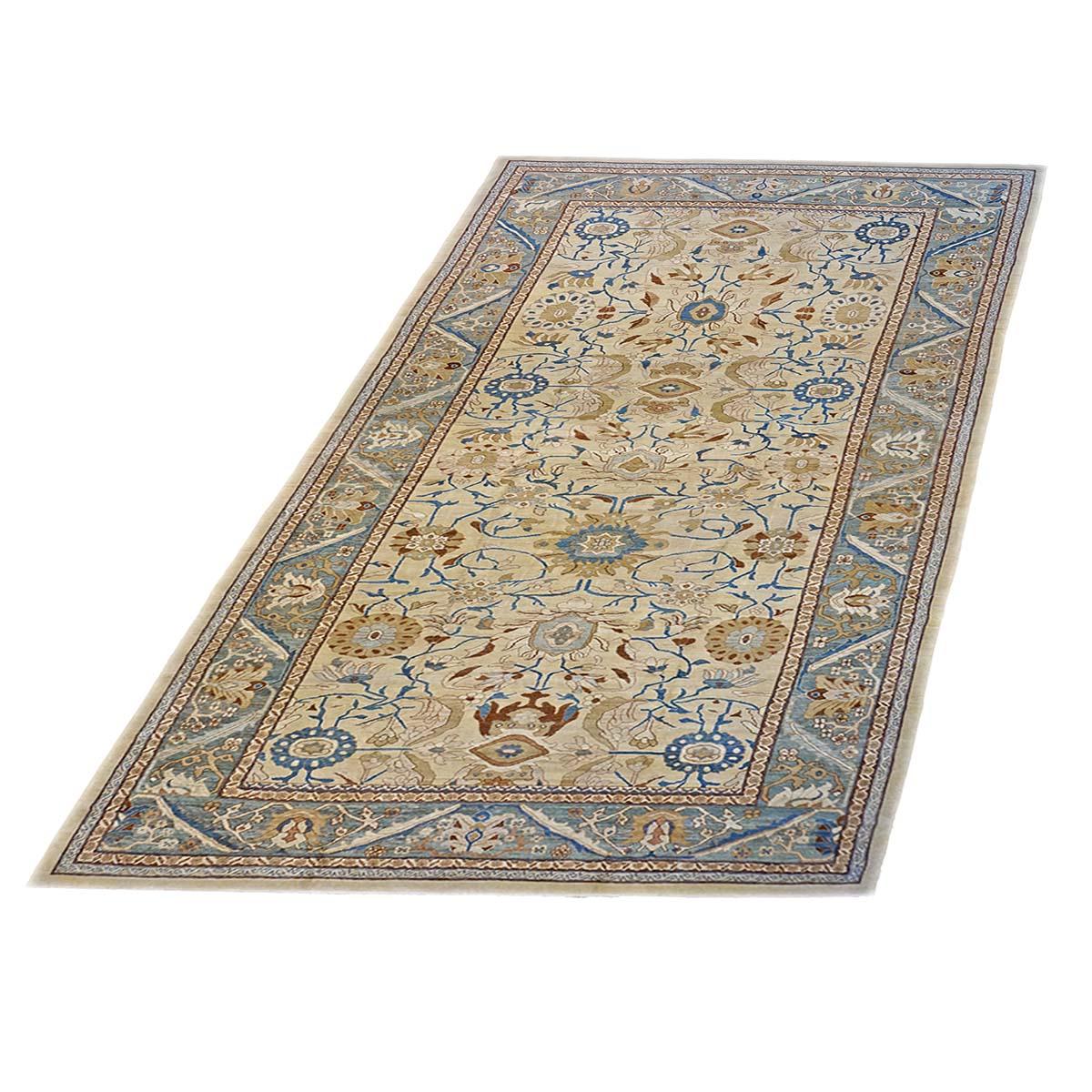 Hand-Woven 21st Century Turkish Sultanabad 13x20 Ivory, Blue, & Gold Handmade Area Rug For Sale
