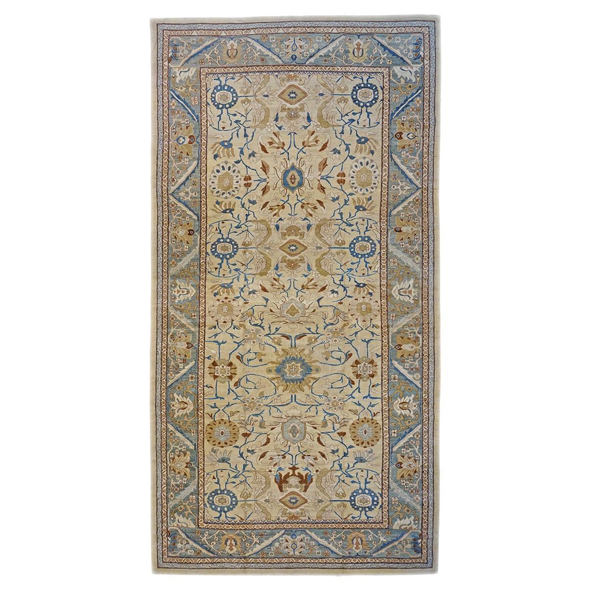 21st Century Turkish Sultanabad 13x20 Ivory, Blue, & Gold Handmade Area Rug