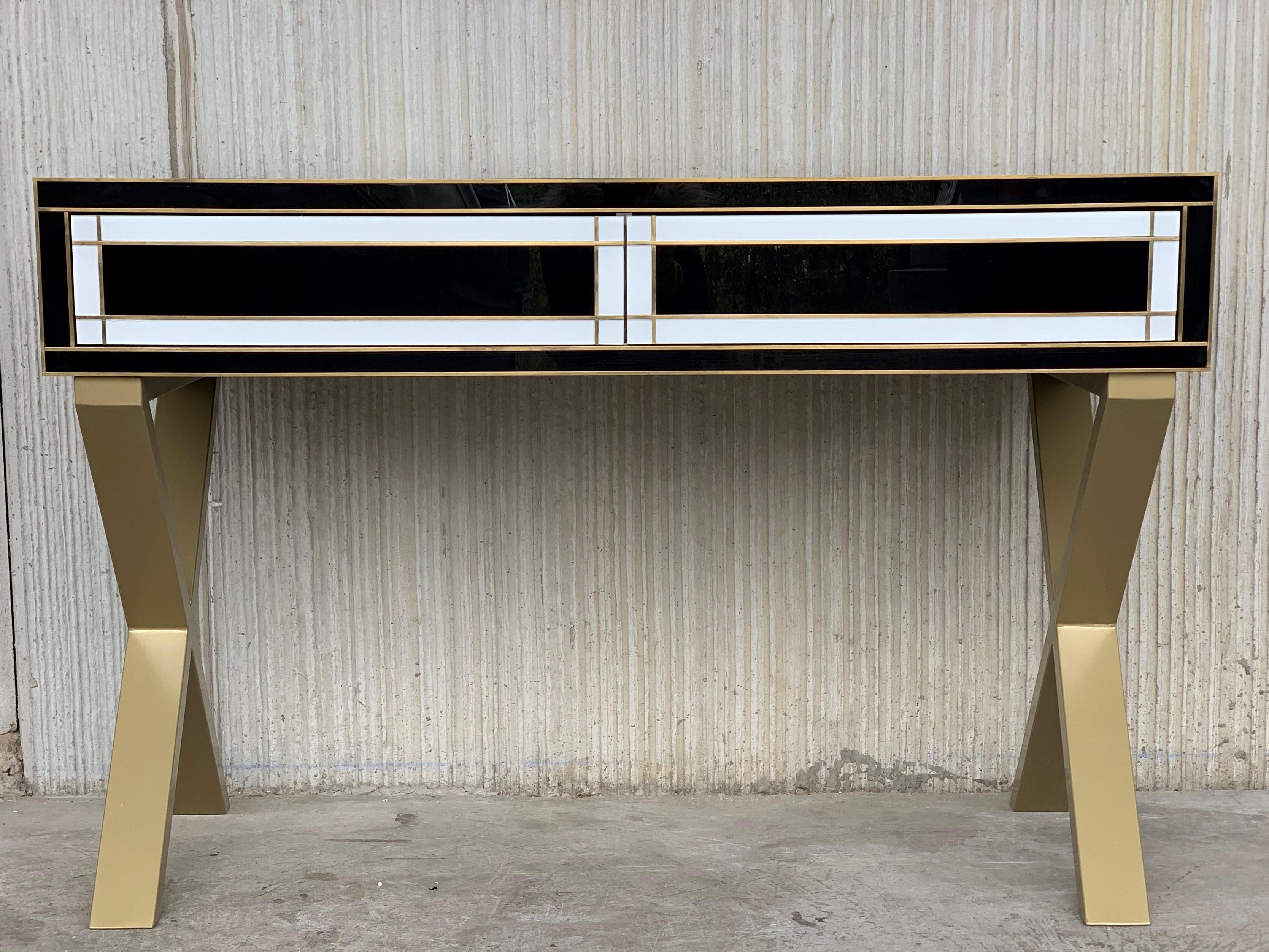 Modern 21st Century Two-Drawer Black & White Writing Desk or Console with Brass Accents