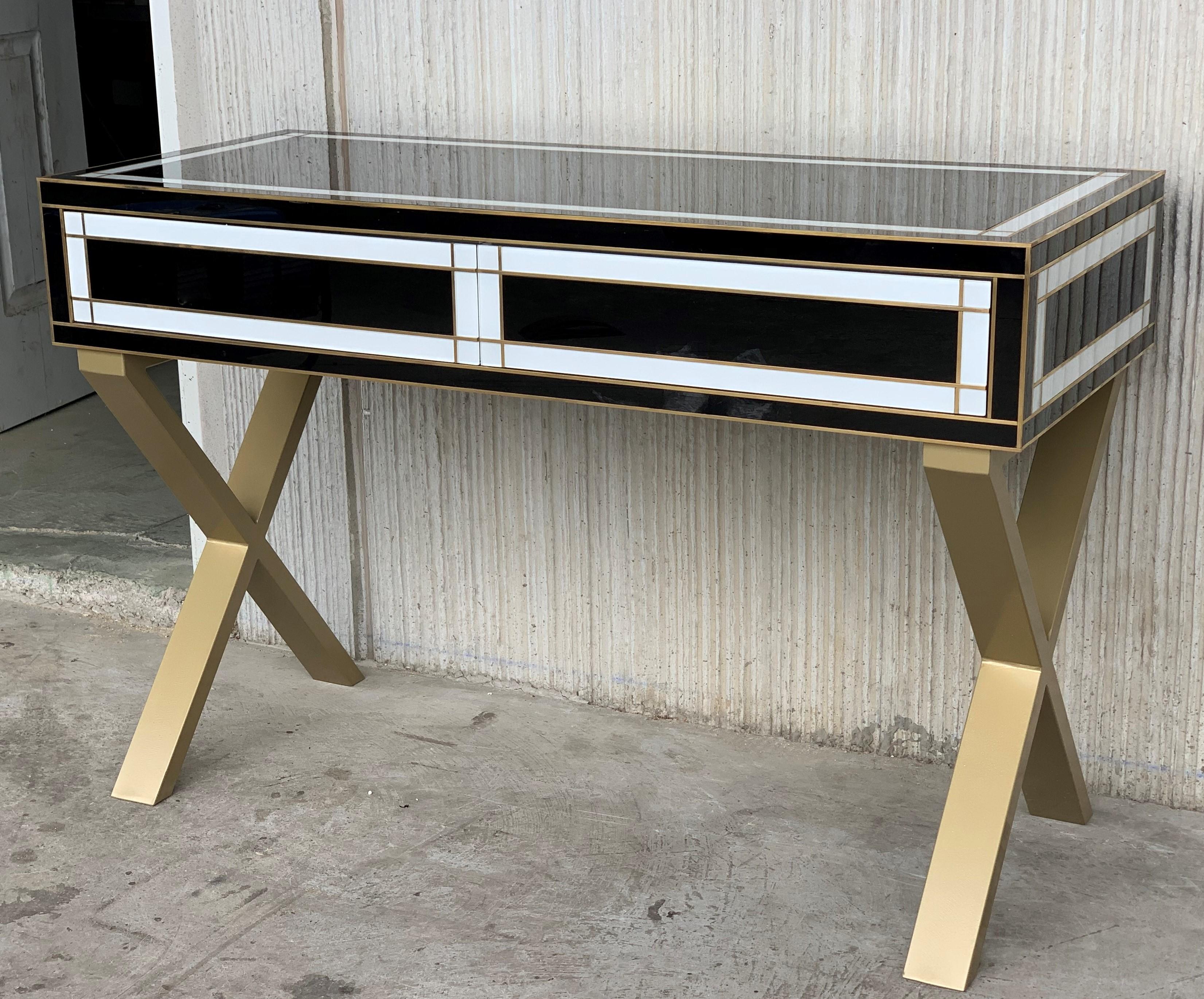 Spanish 21st Century Two-Drawer Black & White Writing Desk or Console with Brass Accents