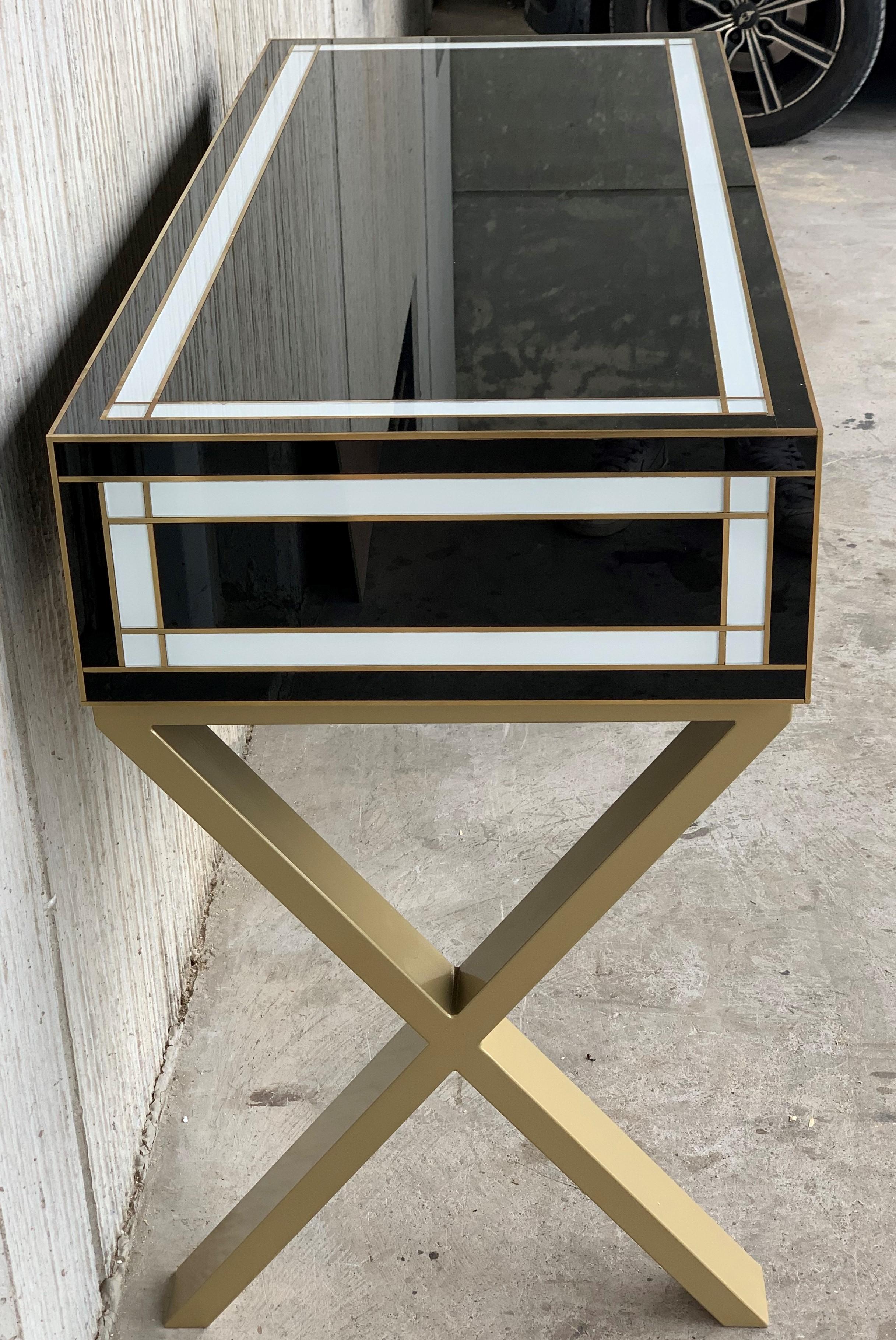 21st Century Two-Drawer Black & White Writing Desk or Console with Brass Accents In Excellent Condition In Miami, FL