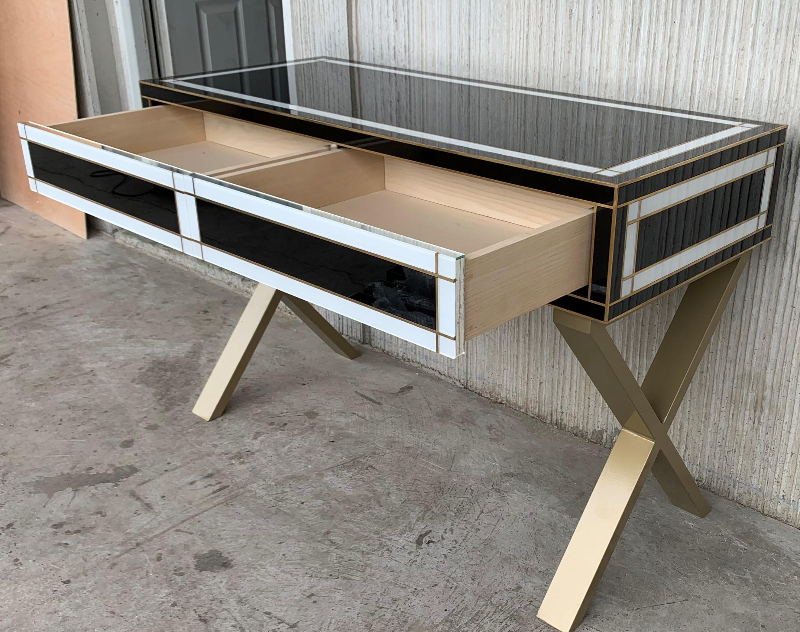 Contemporary 21st Century Two-Drawer Black & White Writing Desk or Console with Brass Accents