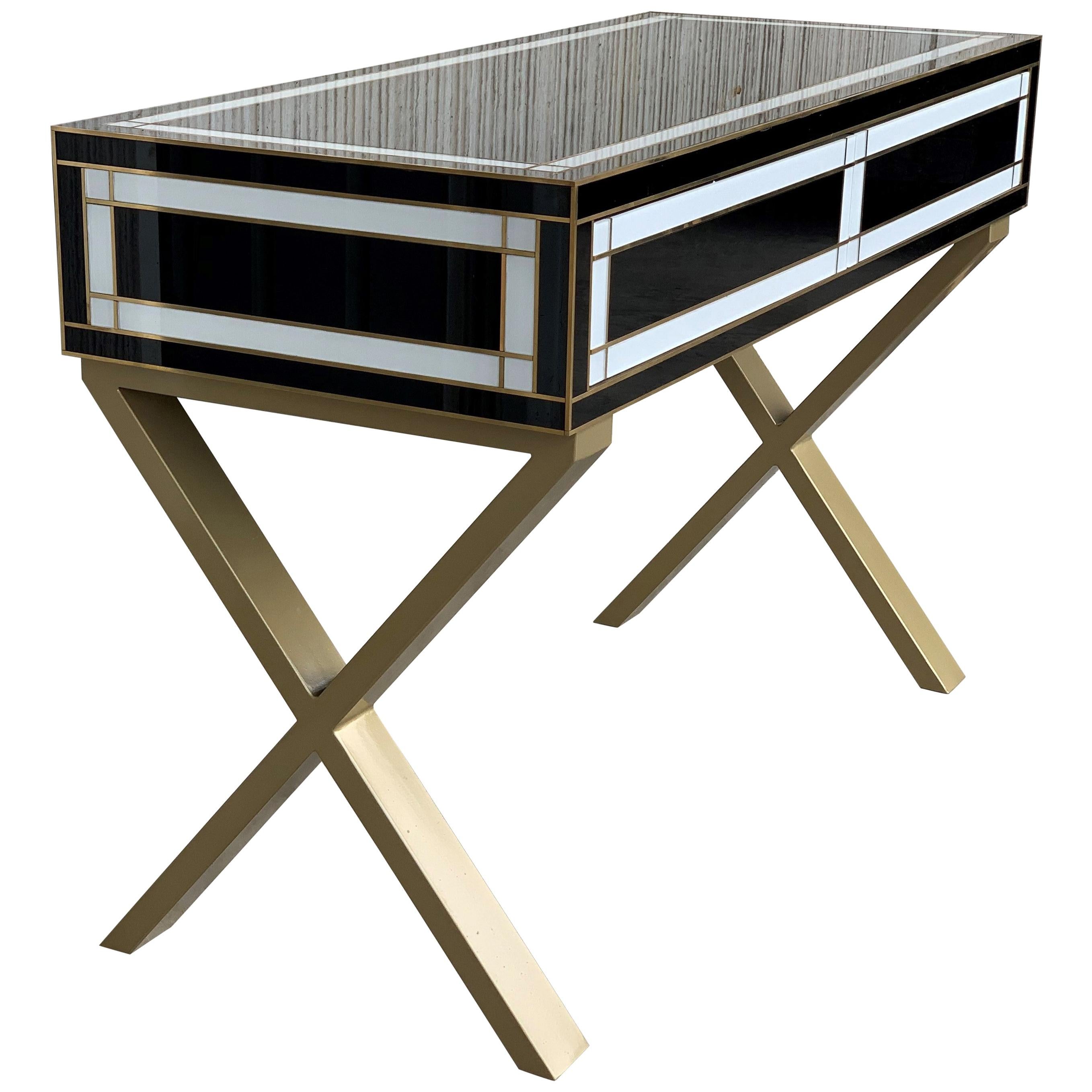 21st Century Two-Drawer Black & White Writing Desk or Console with Brass Accents