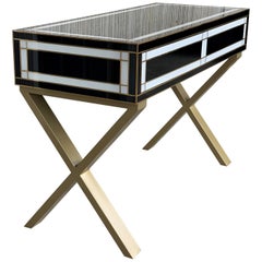 21st Century Two-Drawer Black 
White Writing Desk or Console with Brass Accents