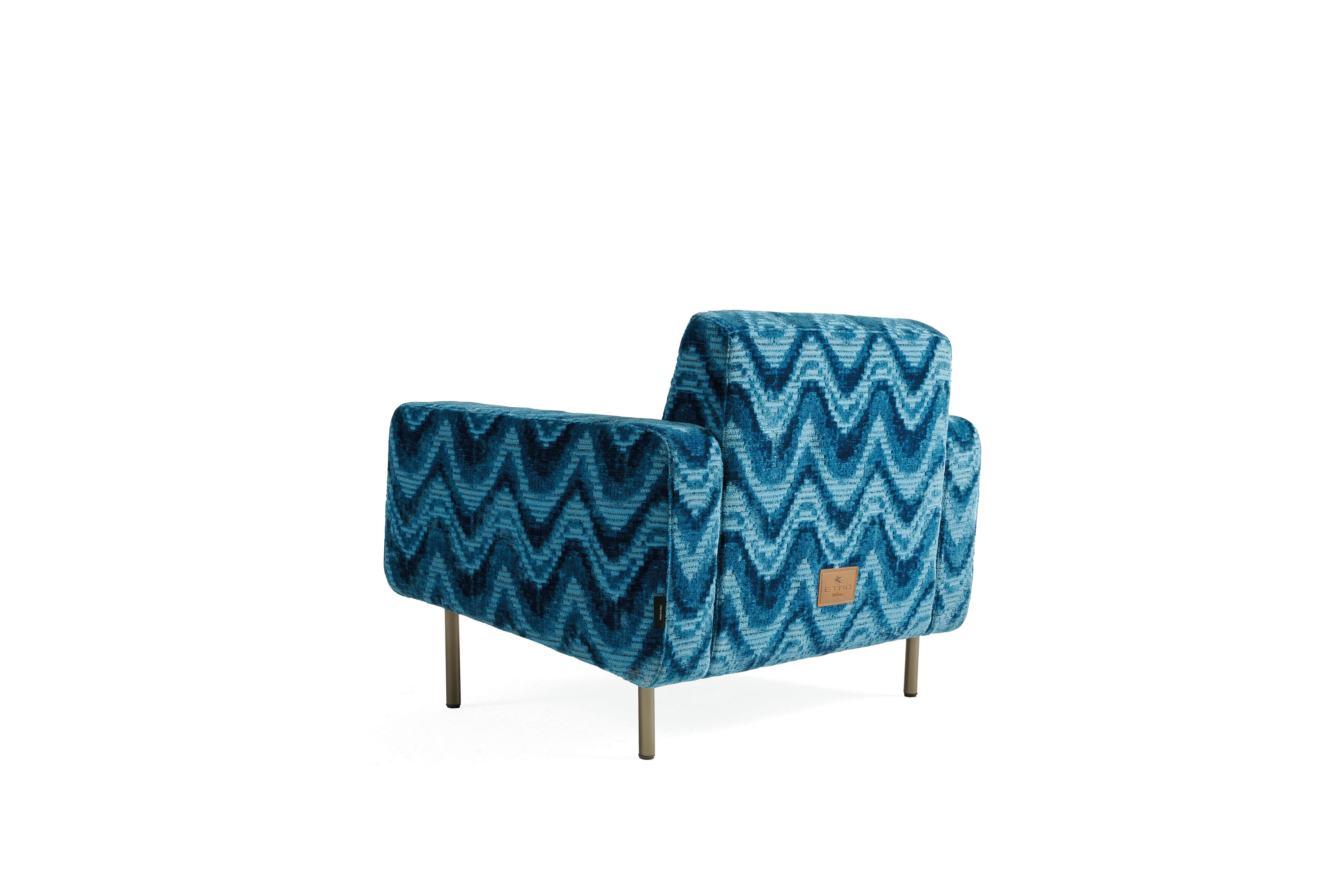 Italian 21st Century Type Armchair in Blue Jacquard Fabric by Etro Home Interiors For Sale