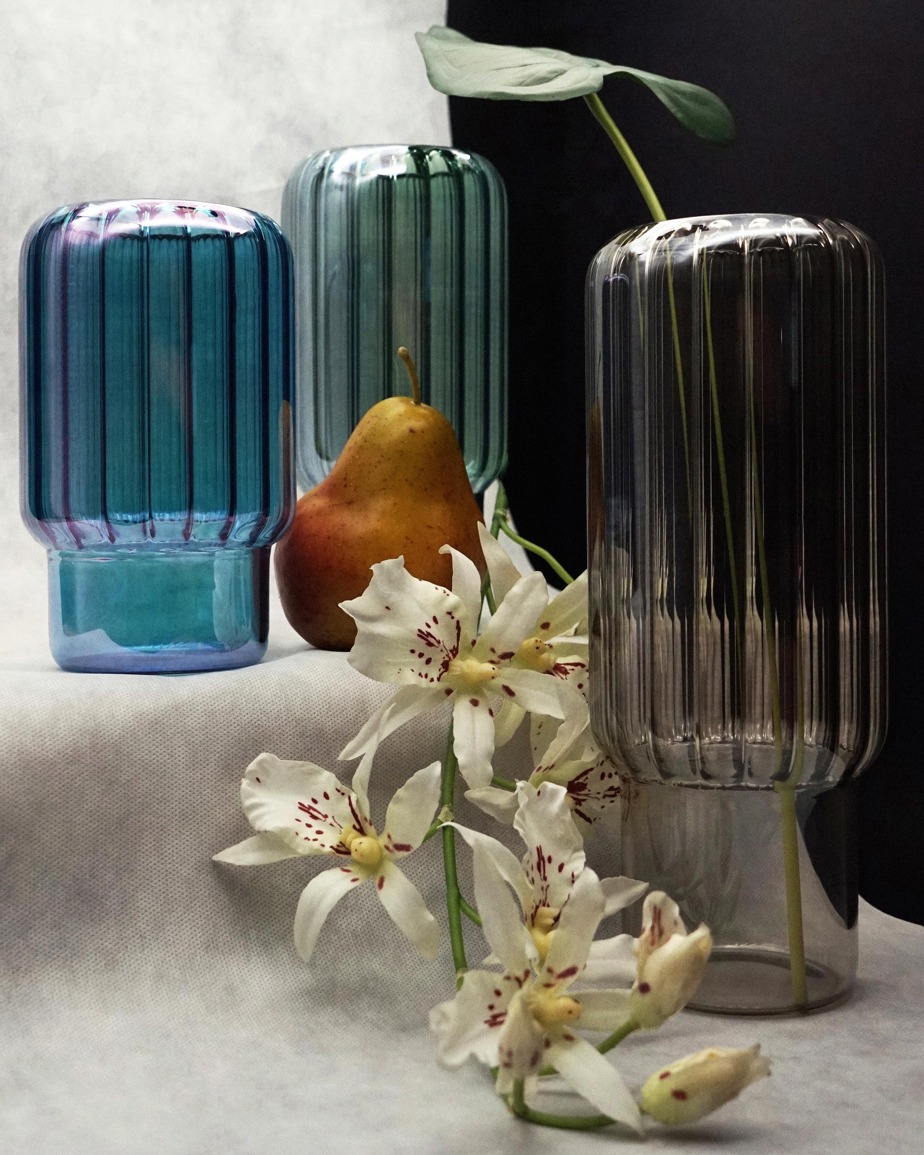 Contemporary 21st Century Vases Set, Hand-Crafted and Hand-Painted Borosilicate Vases For Sale