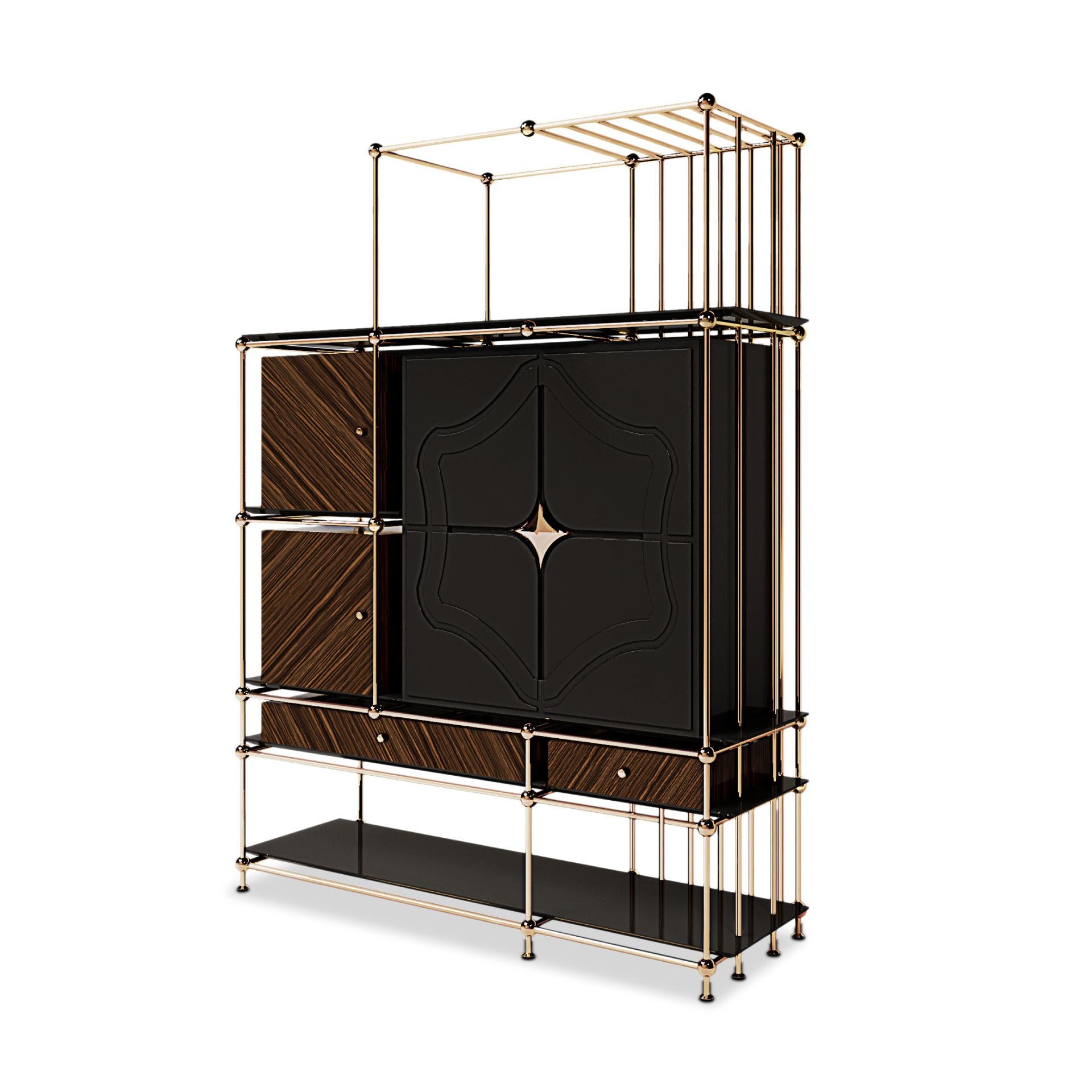 The structure is made of ironwood and lacquered wood with high gloss varnish and is completed with a frame made of polished brass tubes, embracing the interior of the contemporary furniture piece. The Vegas modern cabinet features 2 doors and 2