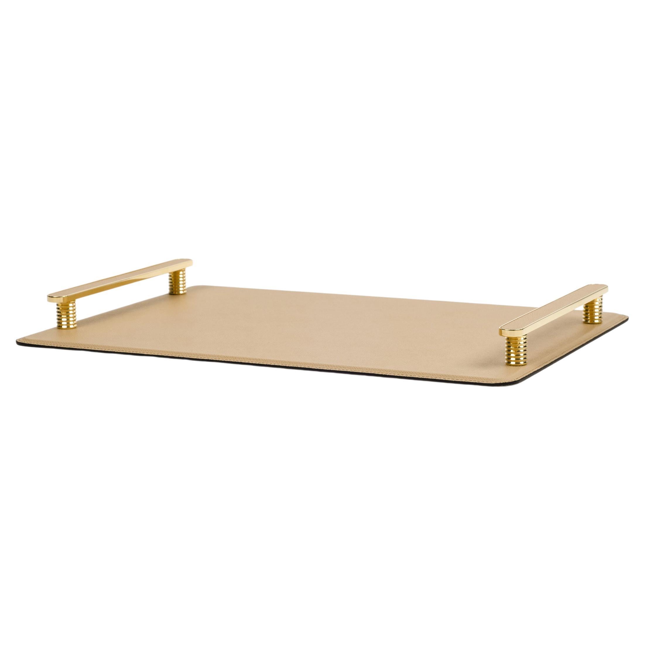 21st Century Venaria Serving Leather Tray with Brass Handles Handmade in Italy