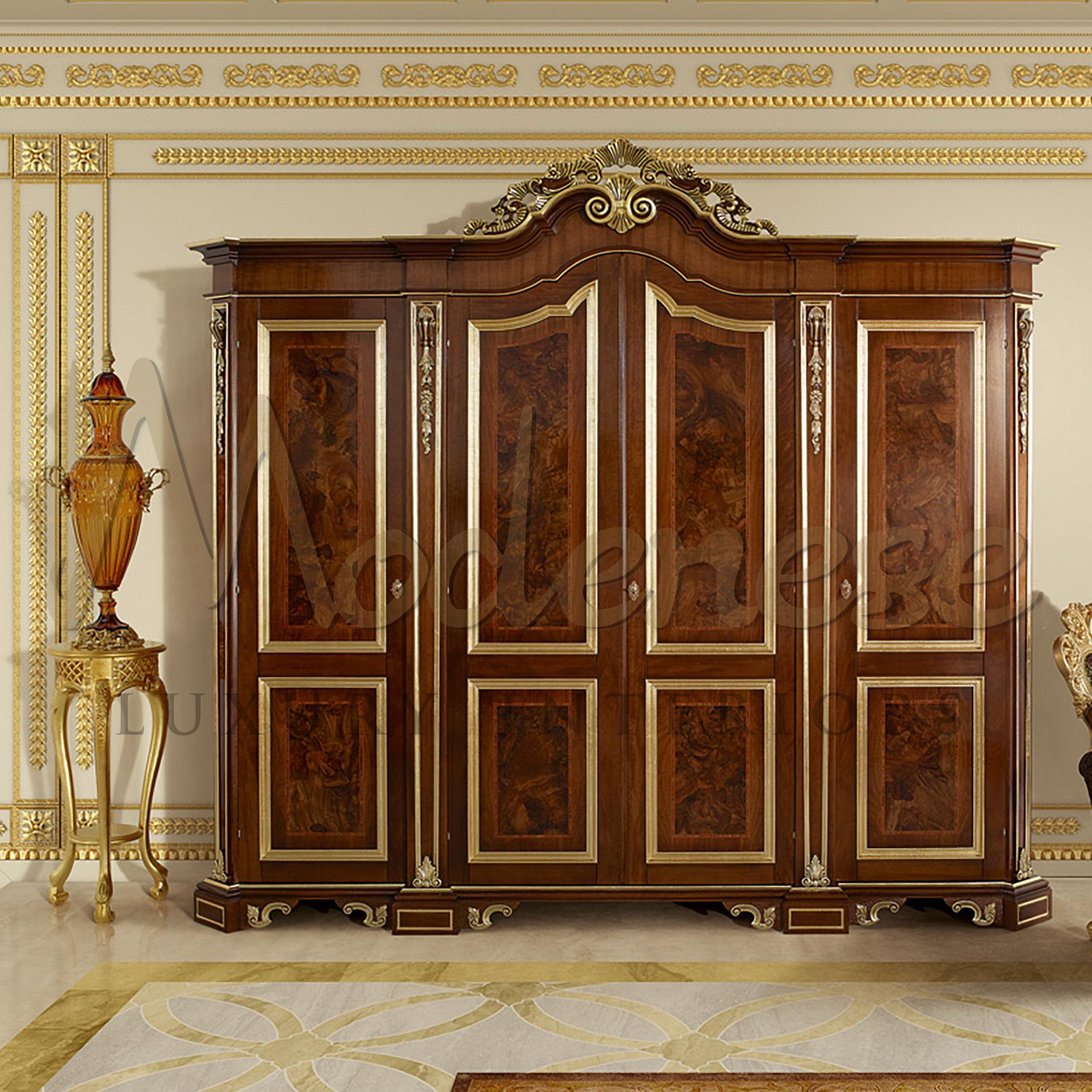 Wide and imposing wardrobe in walnut finish by the Italian producer Modenese Gastone Interiors. Its bold solid wood structure is steady and trustful while its internal three-areas disposition is carefully designed in order to maximize the available