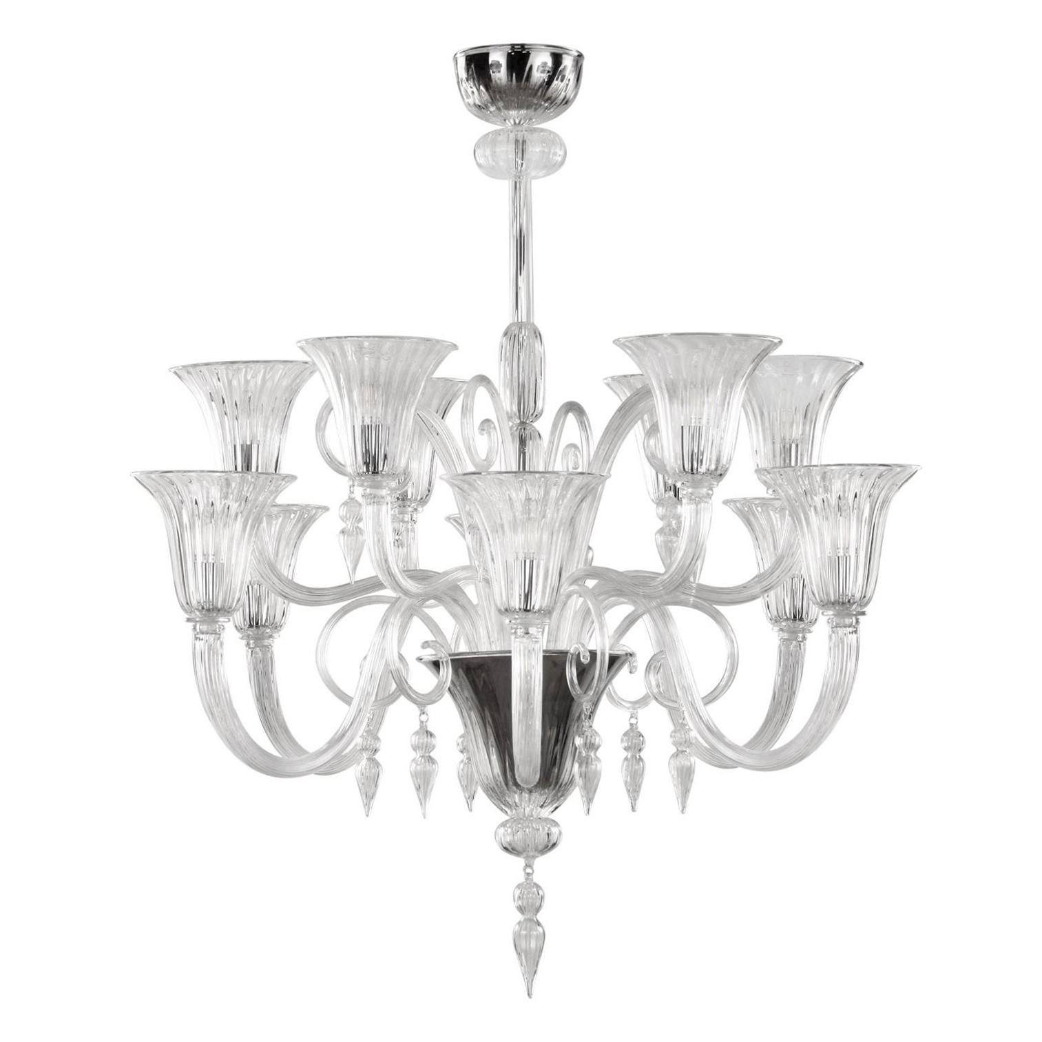 Venetian Chandelier 12Arms Clear Murano Glass by Multiforme in stock For Sale