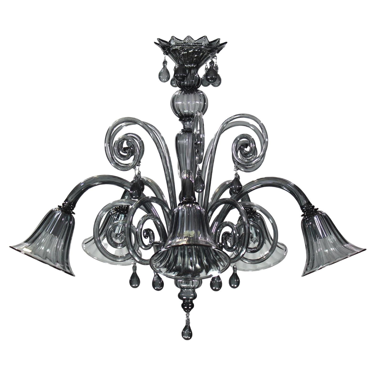 21st Century Venetian Chandelier 5 Arms Dark Grey Murano Glass by Multiforme