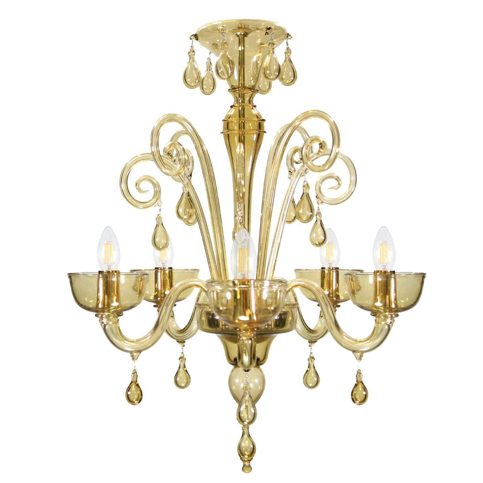 21st Century Venetian Chandelier 5 Arms straw smooth Murano Glass by Multiforme