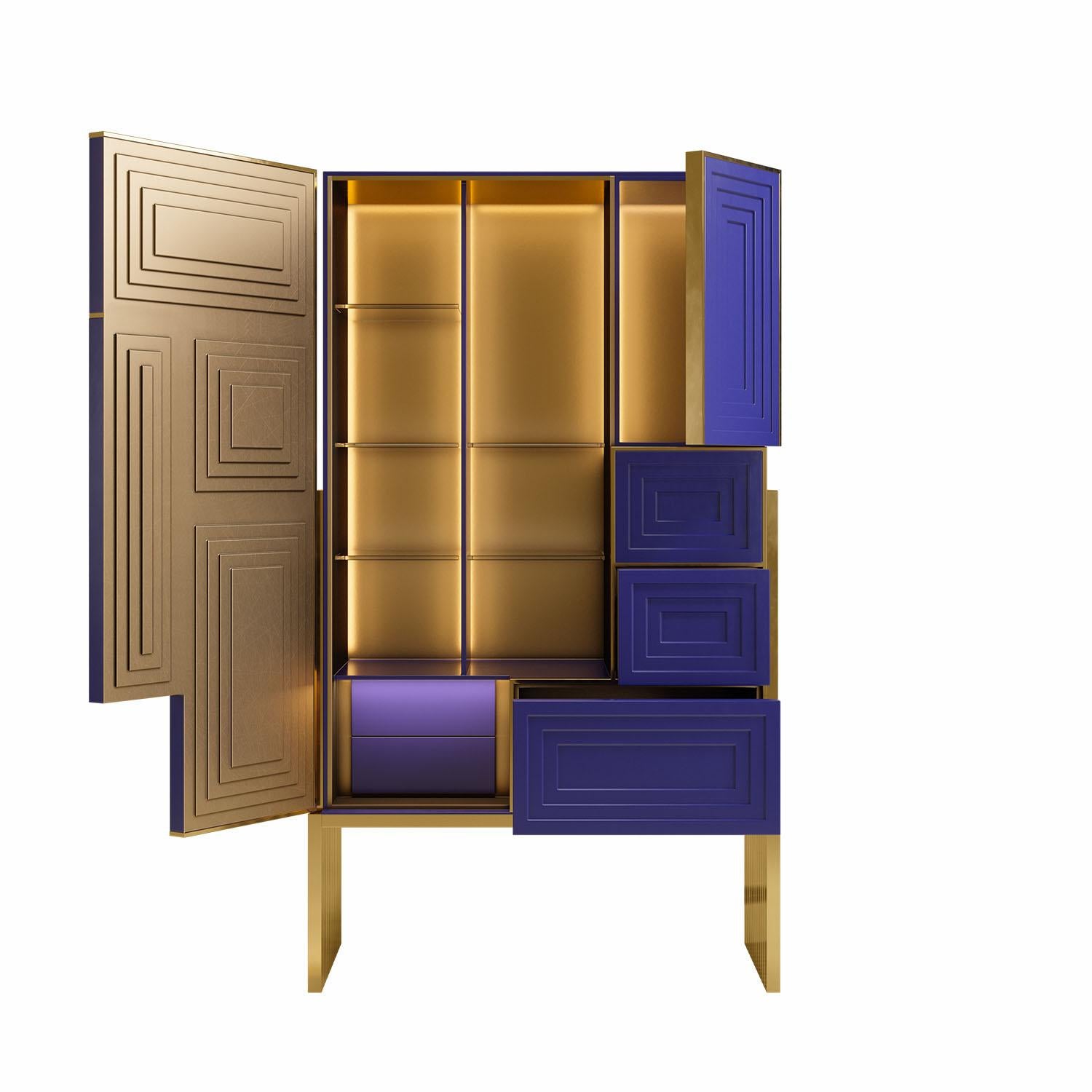 Veneer 21st Century Venezia Cabinet Lacquered Wood Brass by Malabar For Sale