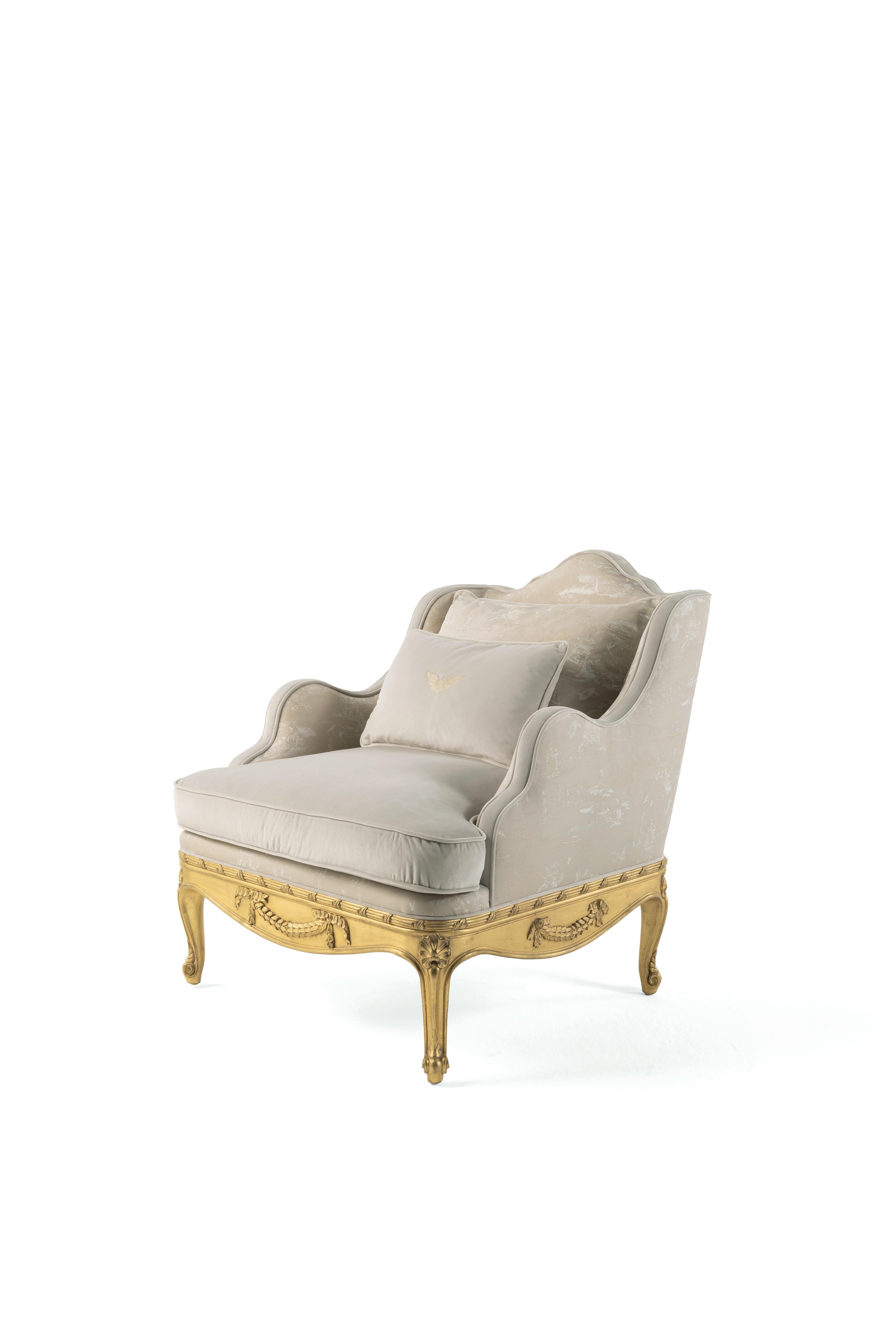 Louis XVI 21st Century Verveine Armchair in Fabric with Gold Leaf Finishing For Sale