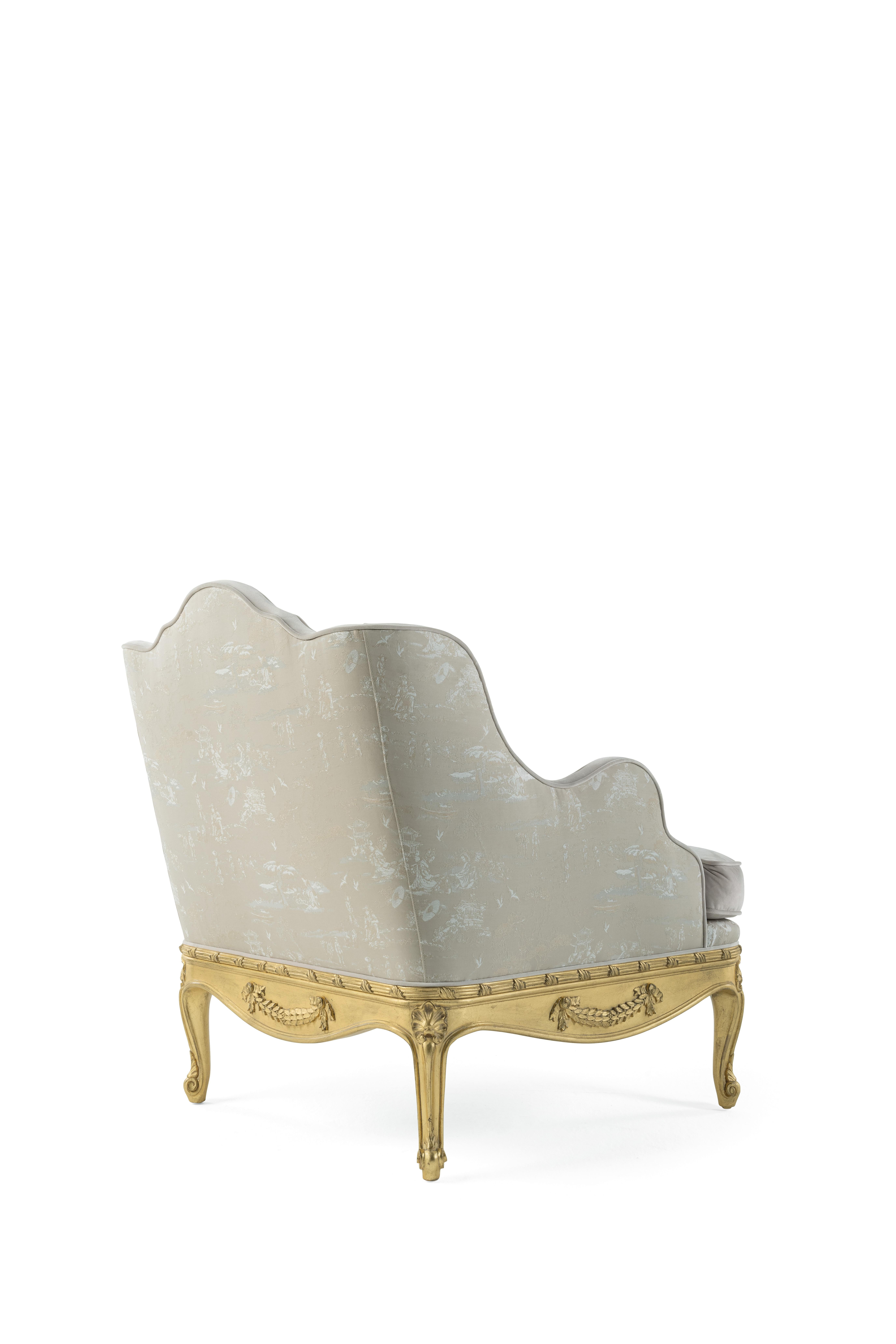 Italian 21st Century Verveine Armchair in Fabric with Gold Leaf Finishing For Sale