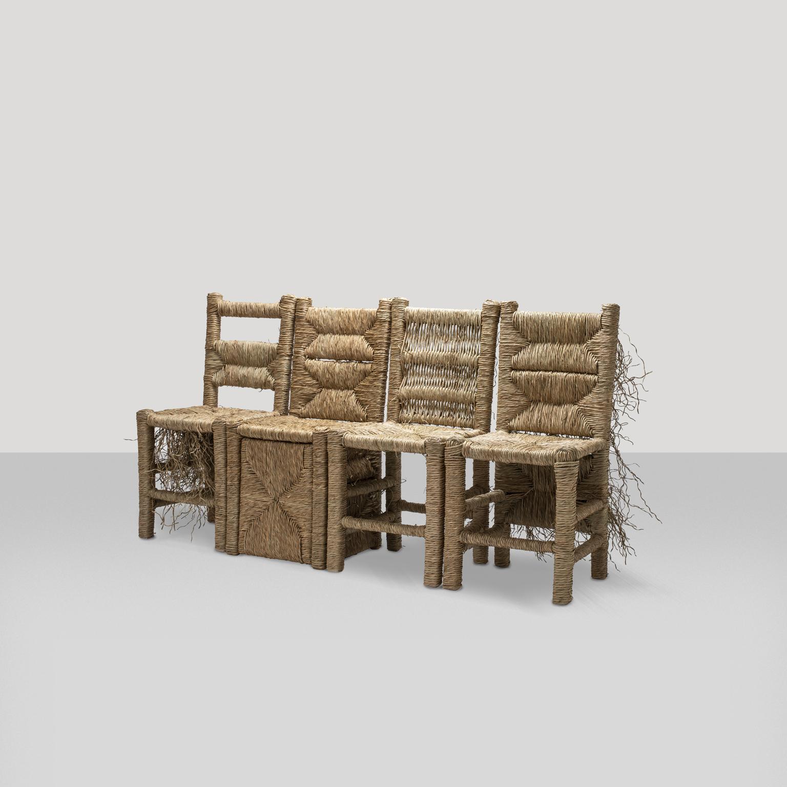 21st Century Vincent Set of 4 Chairs by Atelier Biagetti Caned Natural Wood 4
