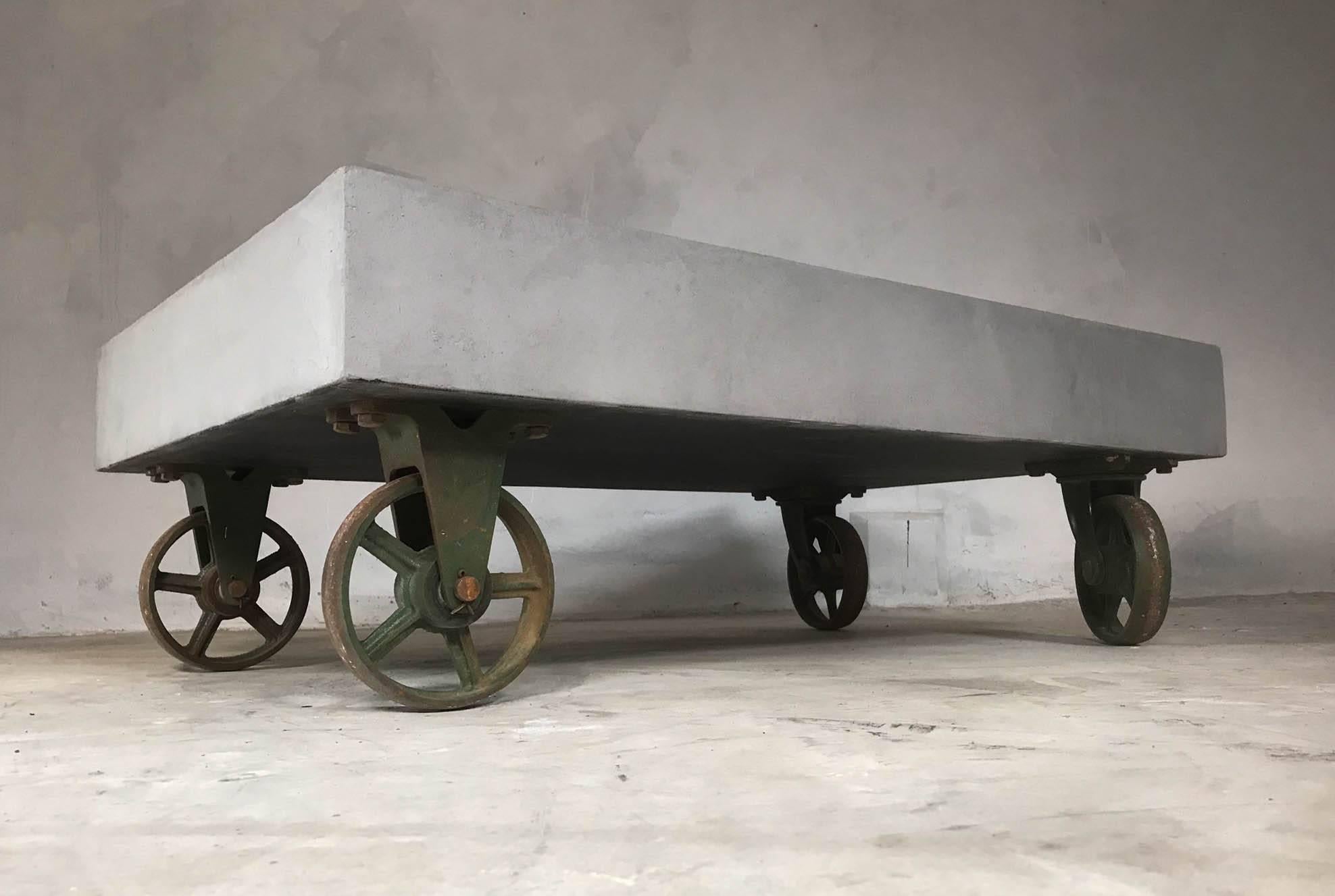 English 21st Century Vintage Industrial Coffee Table Wheels Concrete Style Loft Warehous