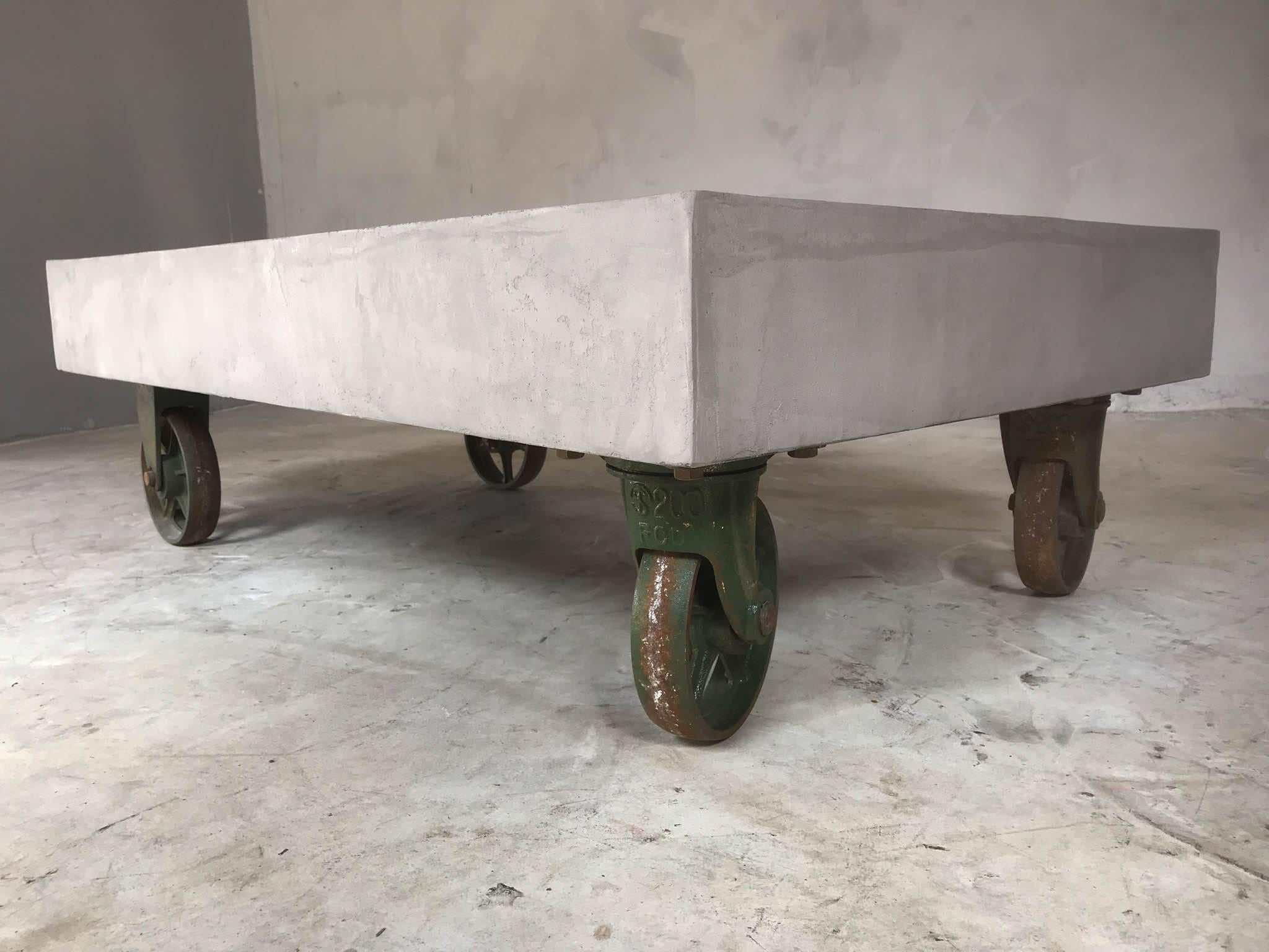 Cement 21st Century Vintage Industrial Coffee Table Wheels Concrete Style Loft Warehous