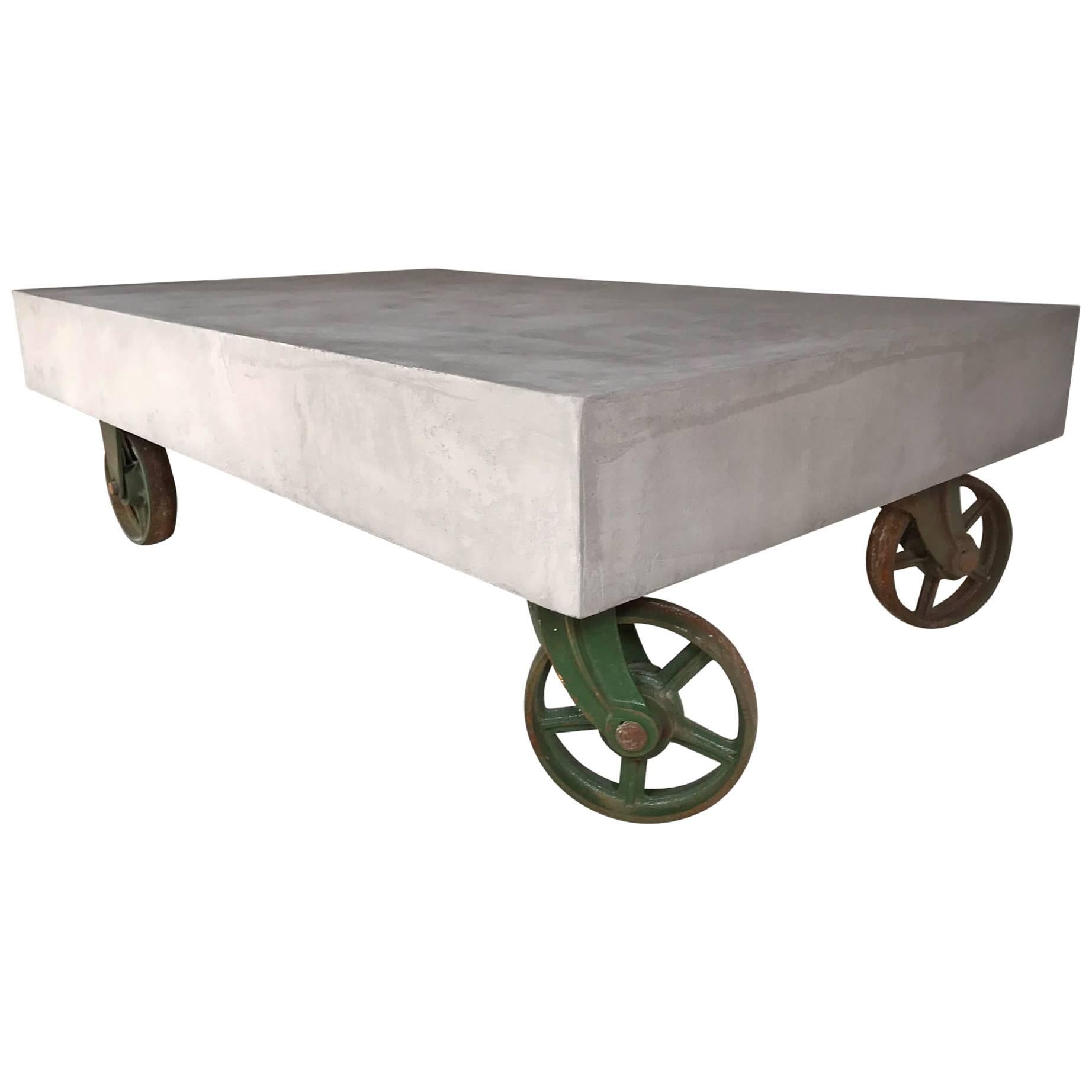 21st Century Vintage Industrial Coffee Table Wheels Concrete Style Loft Warehous