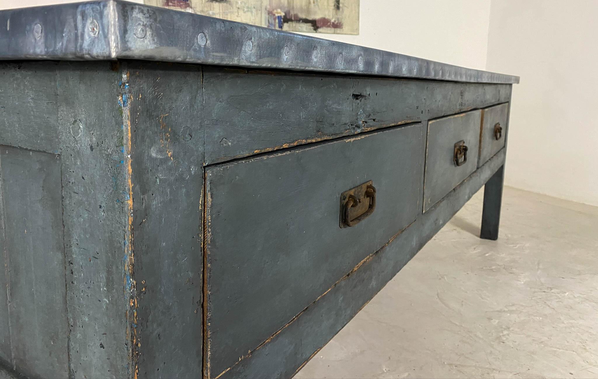 21st Century Vintage Industrial Workbench Kitchen Island with Zinc Top For Sale 4