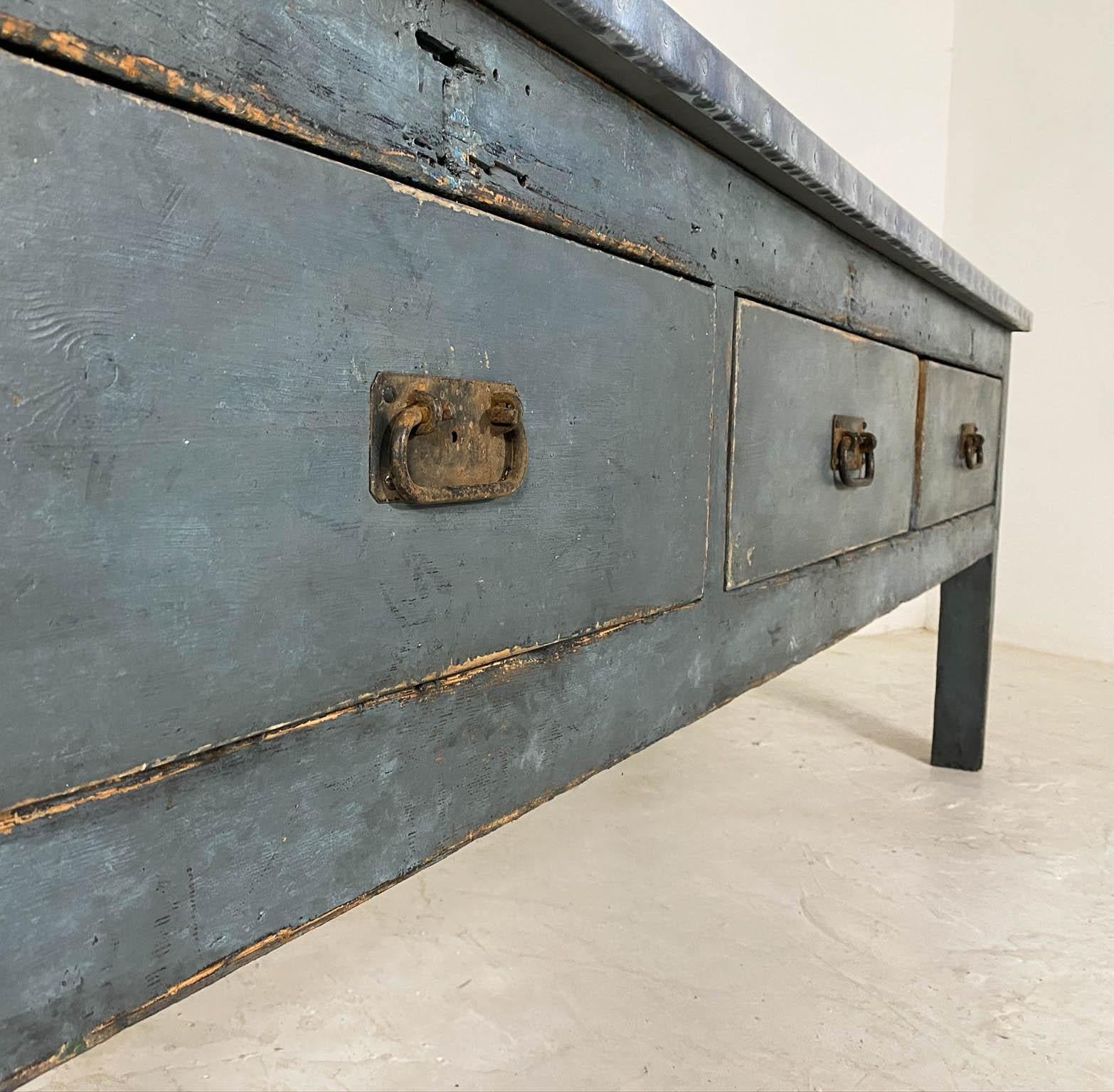 Mid-20th Century 21st Century Vintage Industrial Workbench Kitchen Island with Zinc Top For Sale