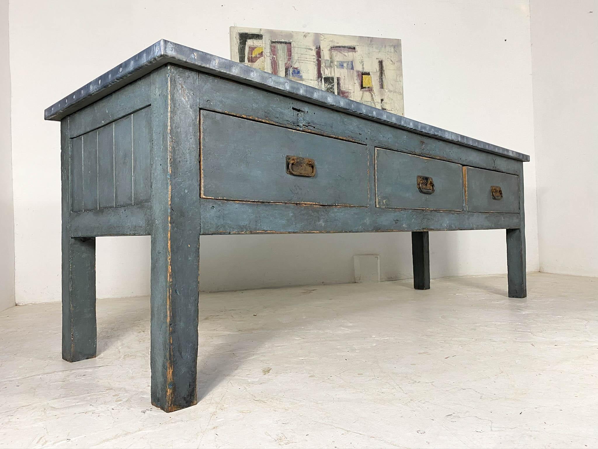 English 21st Century Vintage Industrial Workbench Kitchen Island with Zinc Top For Sale