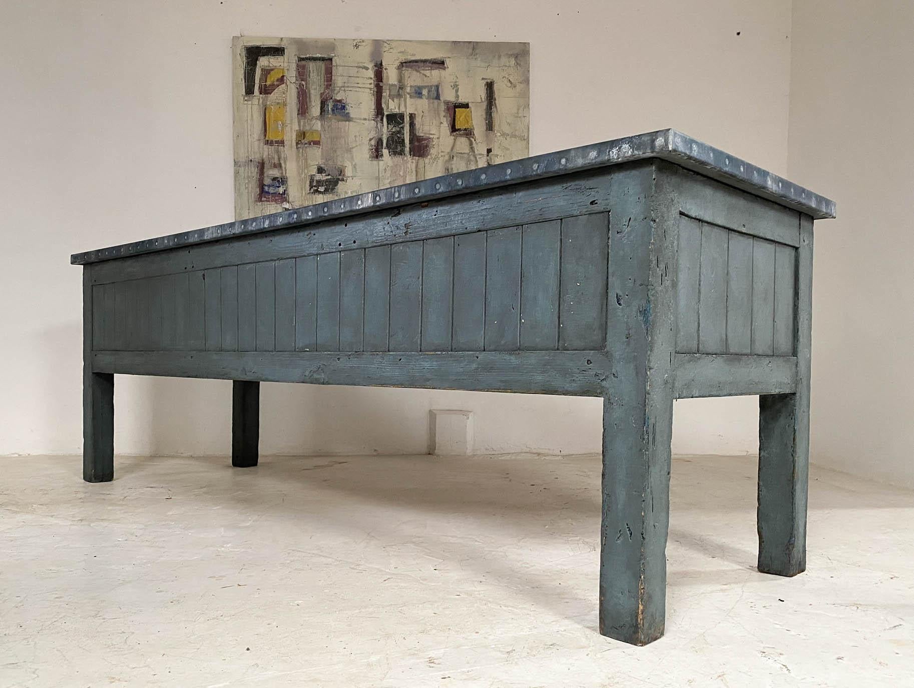 21st Century Vintage Industrial Workbench Kitchen Island with Zinc Top For Sale 3